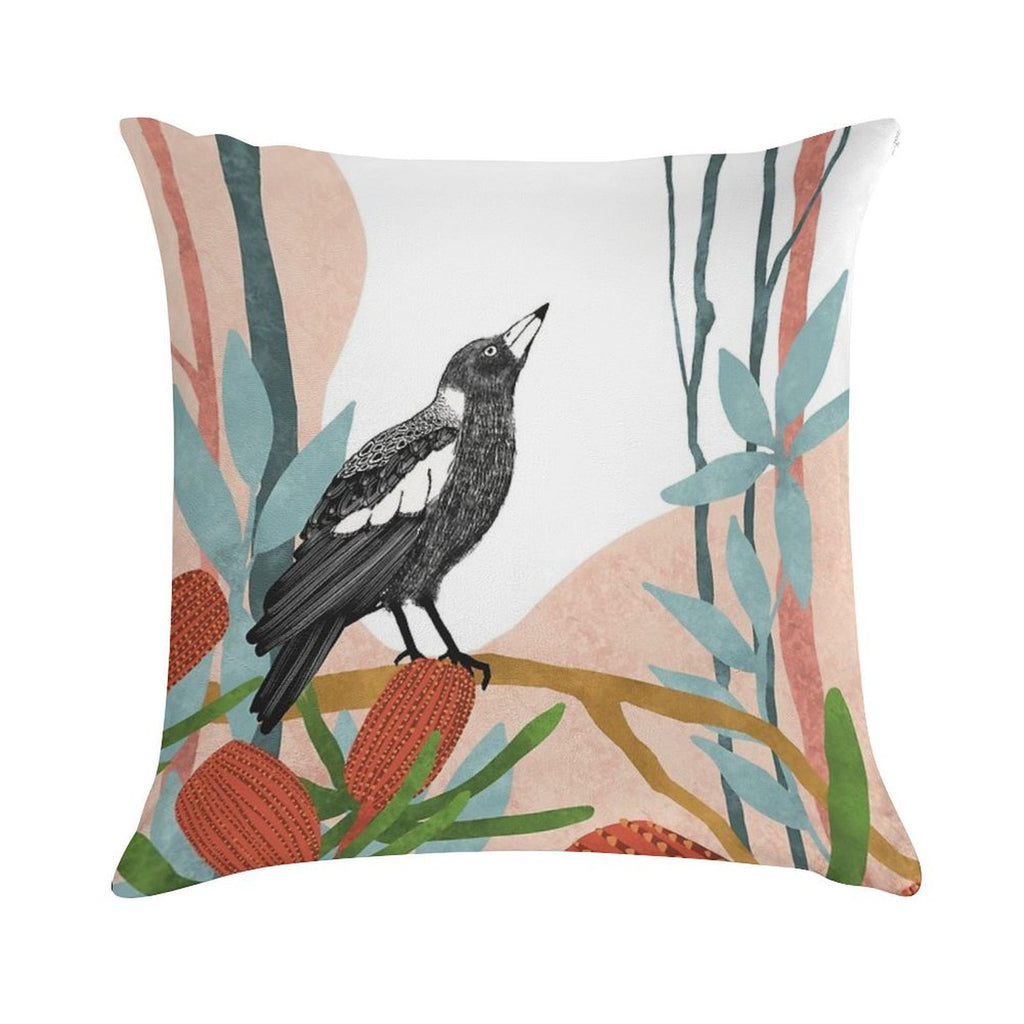 Australian Magpie Amongst Banksia Flowers Soft Durable Construction Throw Pillow