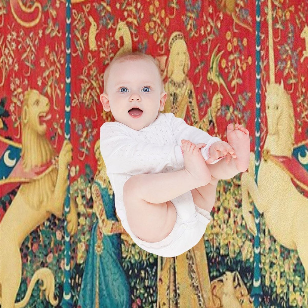 LADY AND UNICORN Taste, Red Green Fantasy Flowers,Animals Multi-functional Throw Blanket