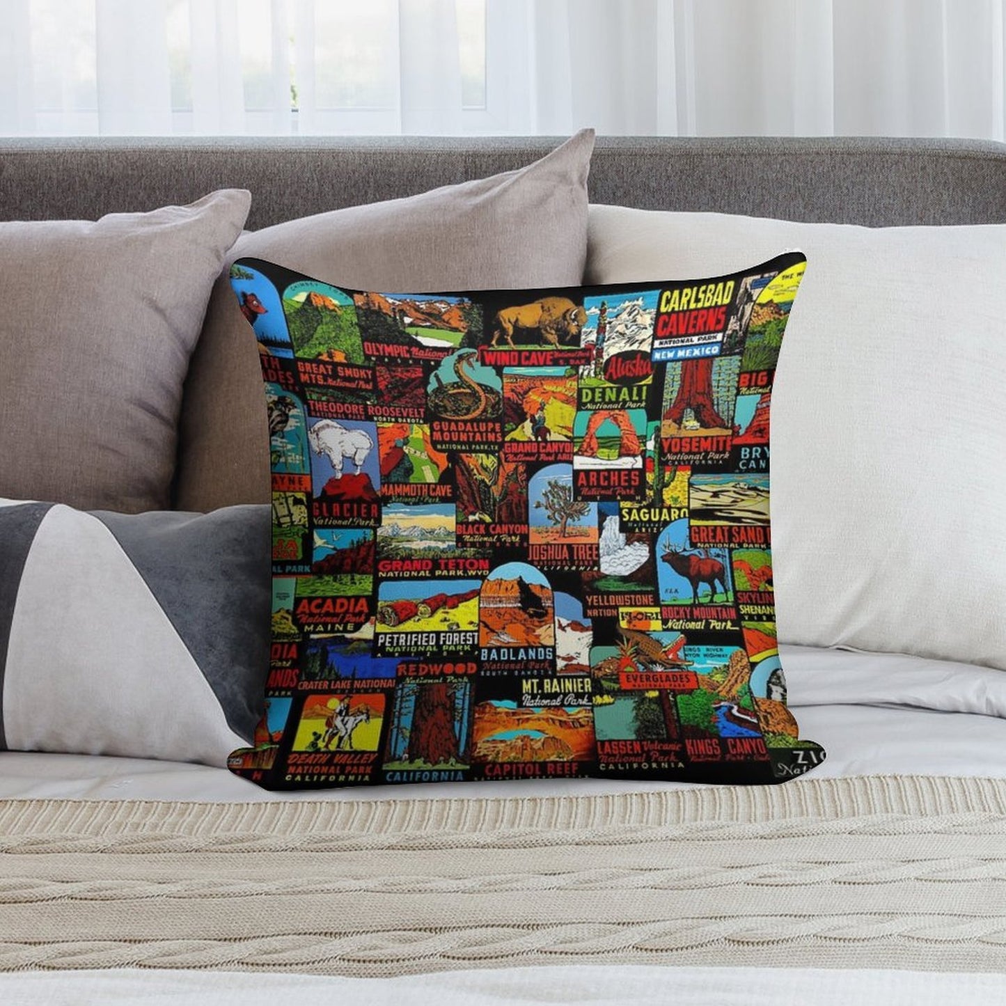 American National Parks Vintage Travel Decal Bomb Soft Short Plush Fabric Throw Pillow