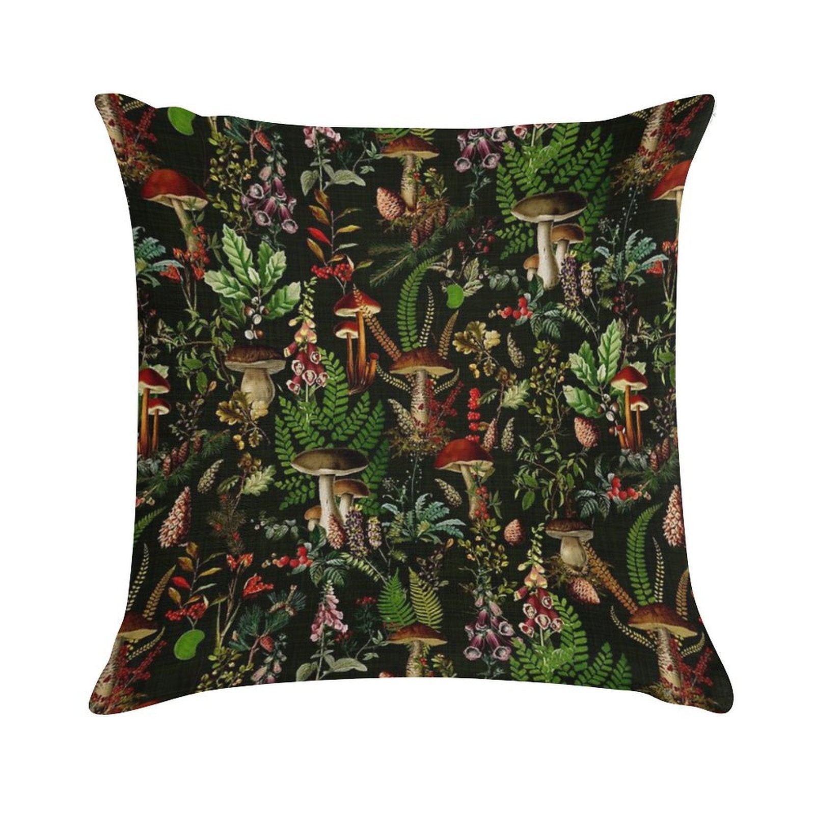 Vintage Mushrooms Forest Botanical Pattern - Black Botanical Night Garden Nightgarden Soft Anti-Pilling Throw Pillow