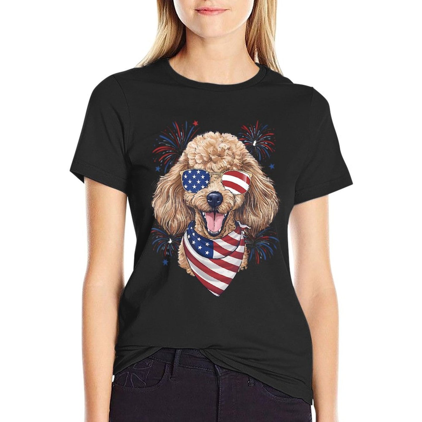 USA Flag 4th Of July Patriotic American Cute Poodle Women Kids Men  Fade-proof Color T-Shirt