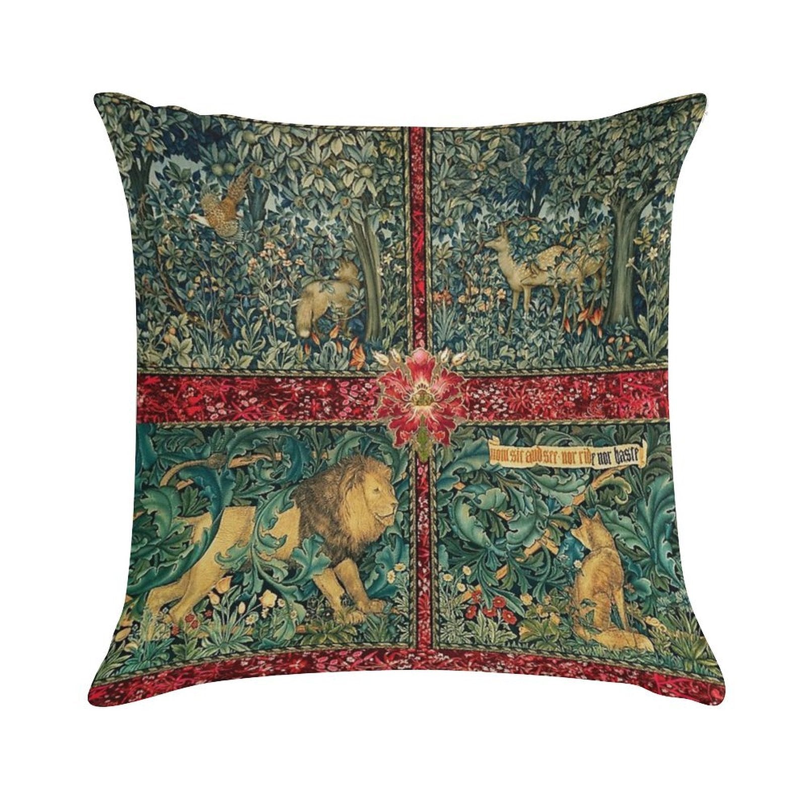 GREENERY FOREST ANIMALS ,LION ,FOX,PHEASANT AND DOES Red Green Floral Tapestry Soft Ultra-Soft Texture Throw Pillow