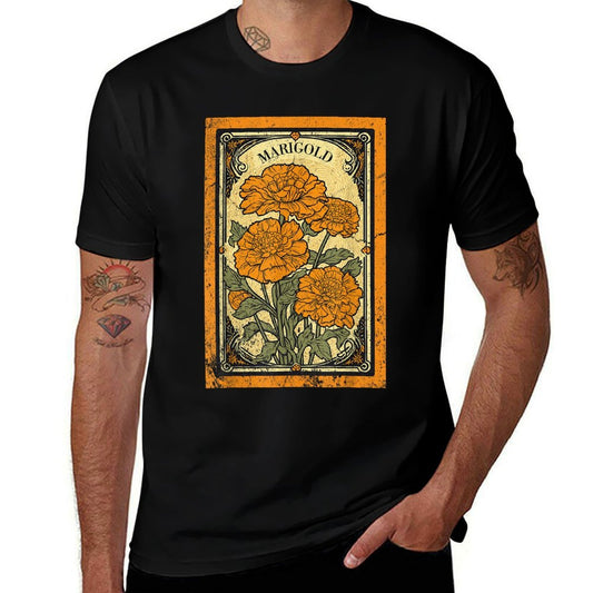 Vintage Marigold Flowers Tarot Card  Tagless Design T-Shirt