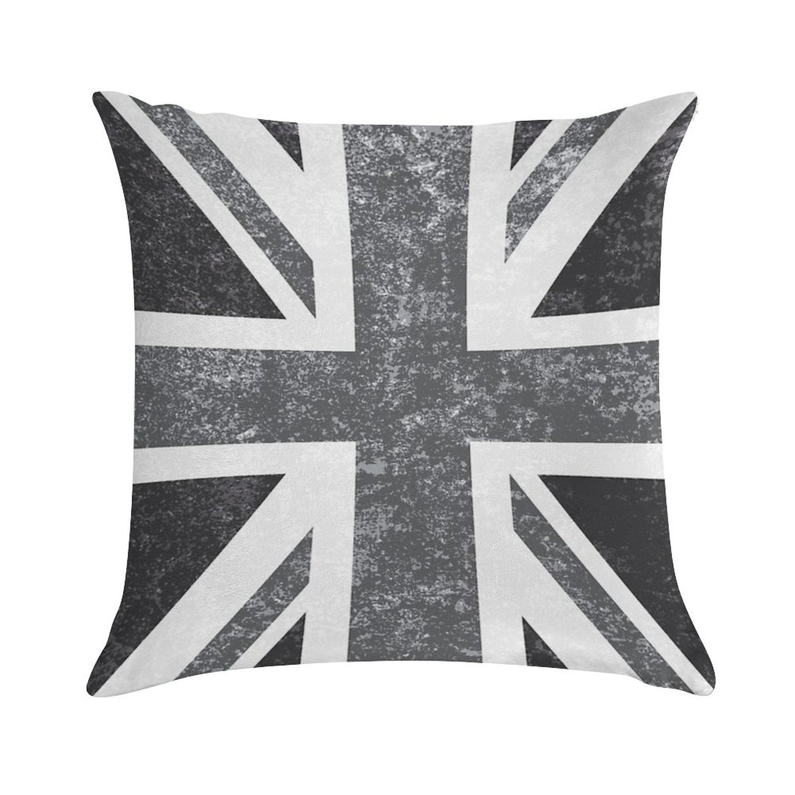 Union Jack Vintage Grayscale - United Kingdom Flag Soft Short Plush Fabric Throw Pillow