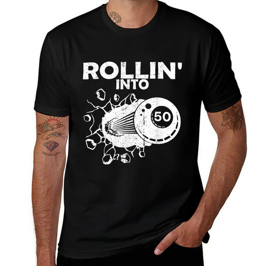 Rollin Into 50 Billiards 50th Birthday Flaming Billiard Ball  Ribbed Collar T-Shirt