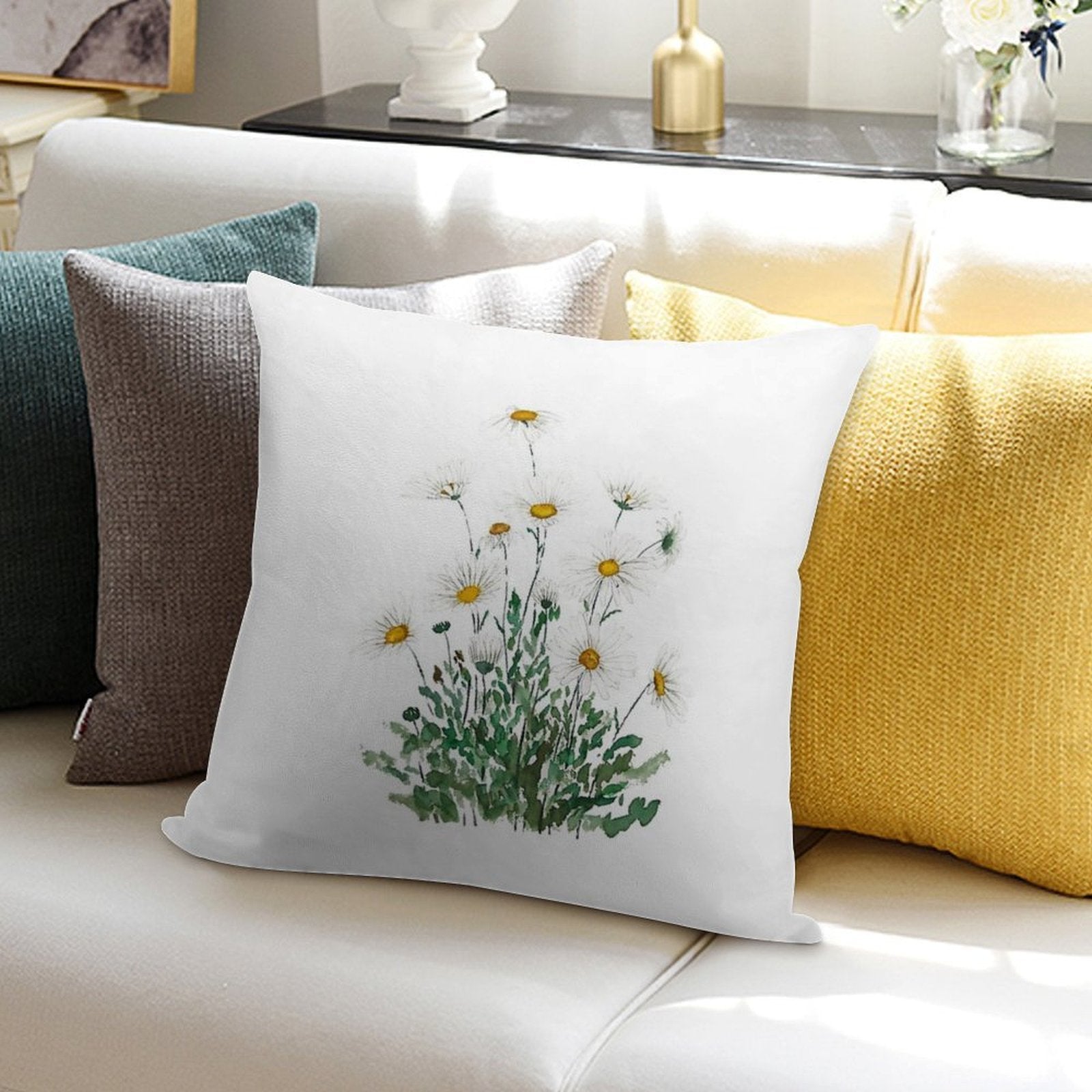 Hand Painted White Margaret Daisy Watercolor Soft Washable Throw Pillow