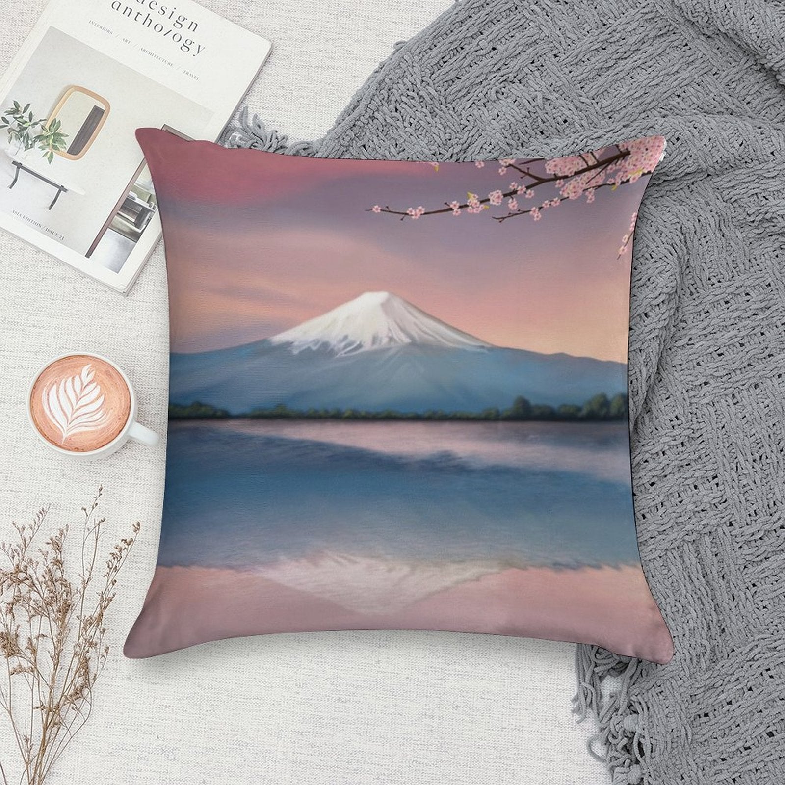 Mt Fuji with Cherry Blossoms Soft Decorative Cover Throw Pillow