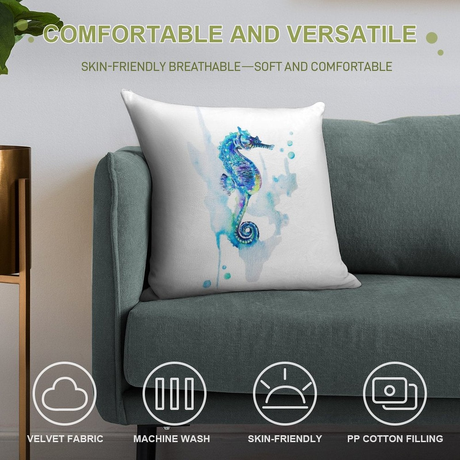 Watercolor Seahorse Soft Durable Construction Throw Pillow
