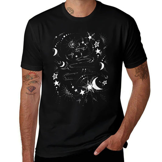 Starry Universe Illustration Moon Stars Celestial Night Sky  Rolled Sleeves T-Shirt