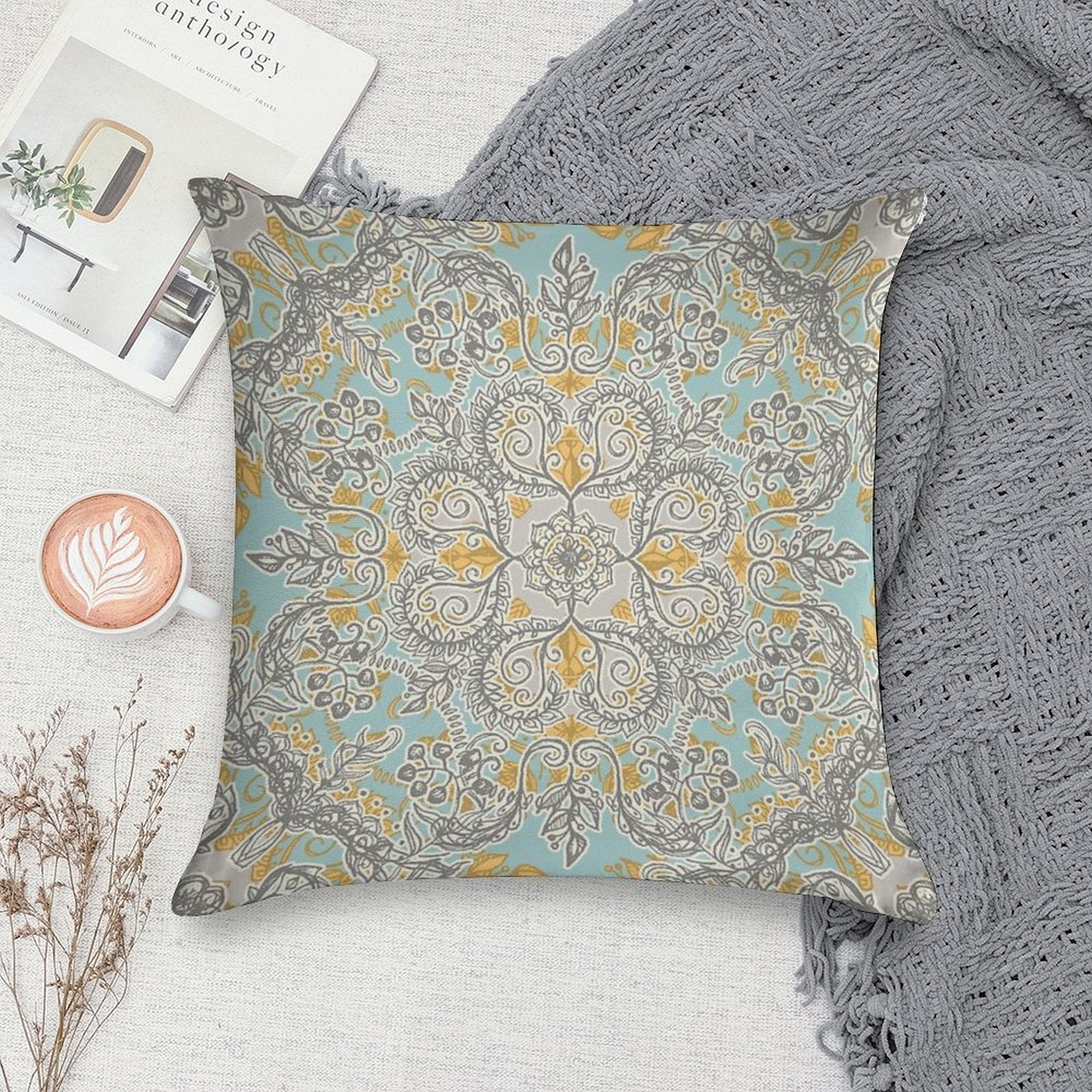 Gypsy Floral in Soft Neutrals, Grey & Yellow on Sage Soft Easy Maintenance Throw Pillow