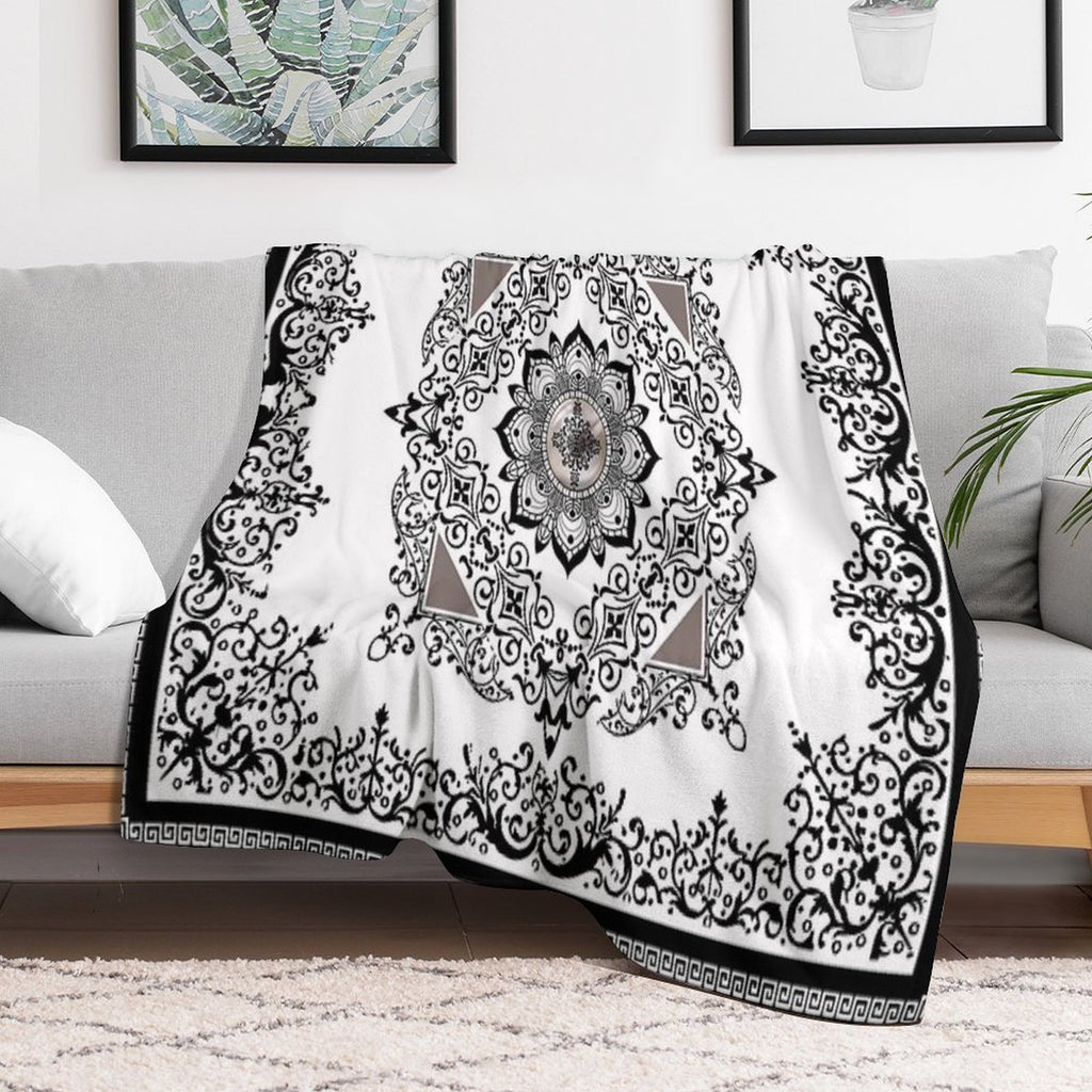 Ornate Baroque Diamonds White Black Purple Greek Key Floral Gift-ready Throw Blanket