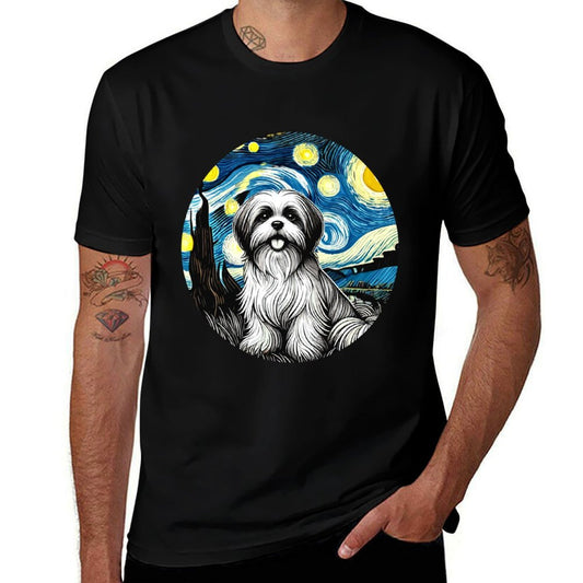 Shih Tzu Dog Mom Dad Cute - Van Gogh Starry Night Style  Polyester Blend T-Shirt