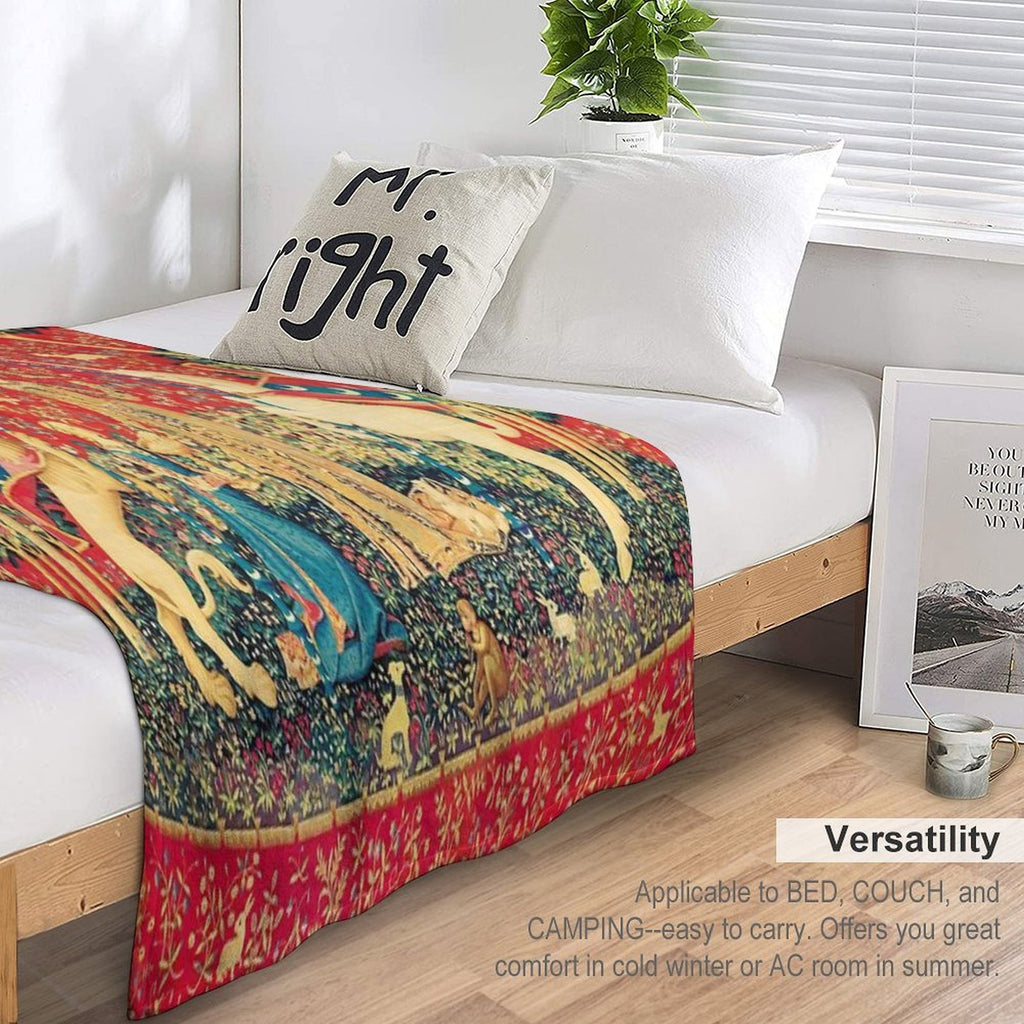 LADY AND UNICORN Taste, Red Green Fantasy Flowers,Animals Multi-functional Throw Blanket