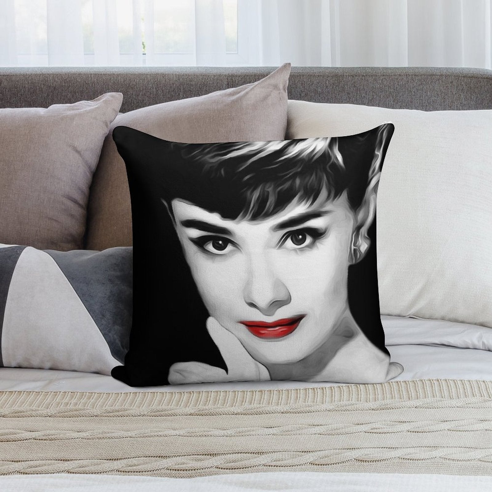 Audrey Hepburn Lips Soft Short Plush Fabric Throw Pillow