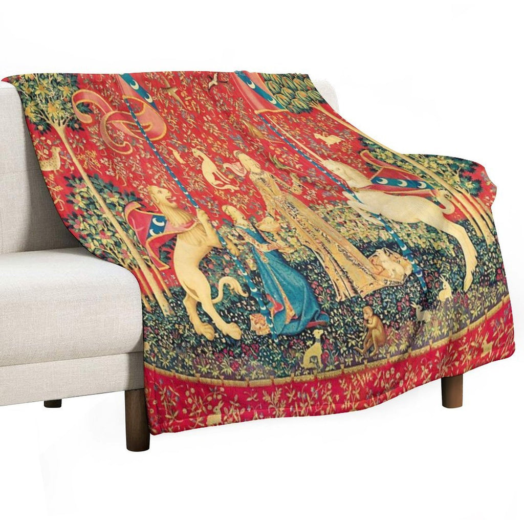 LADY AND UNICORN Taste, Red Green Fantasy Flowers,Animals Multi-functional Throw Blanket