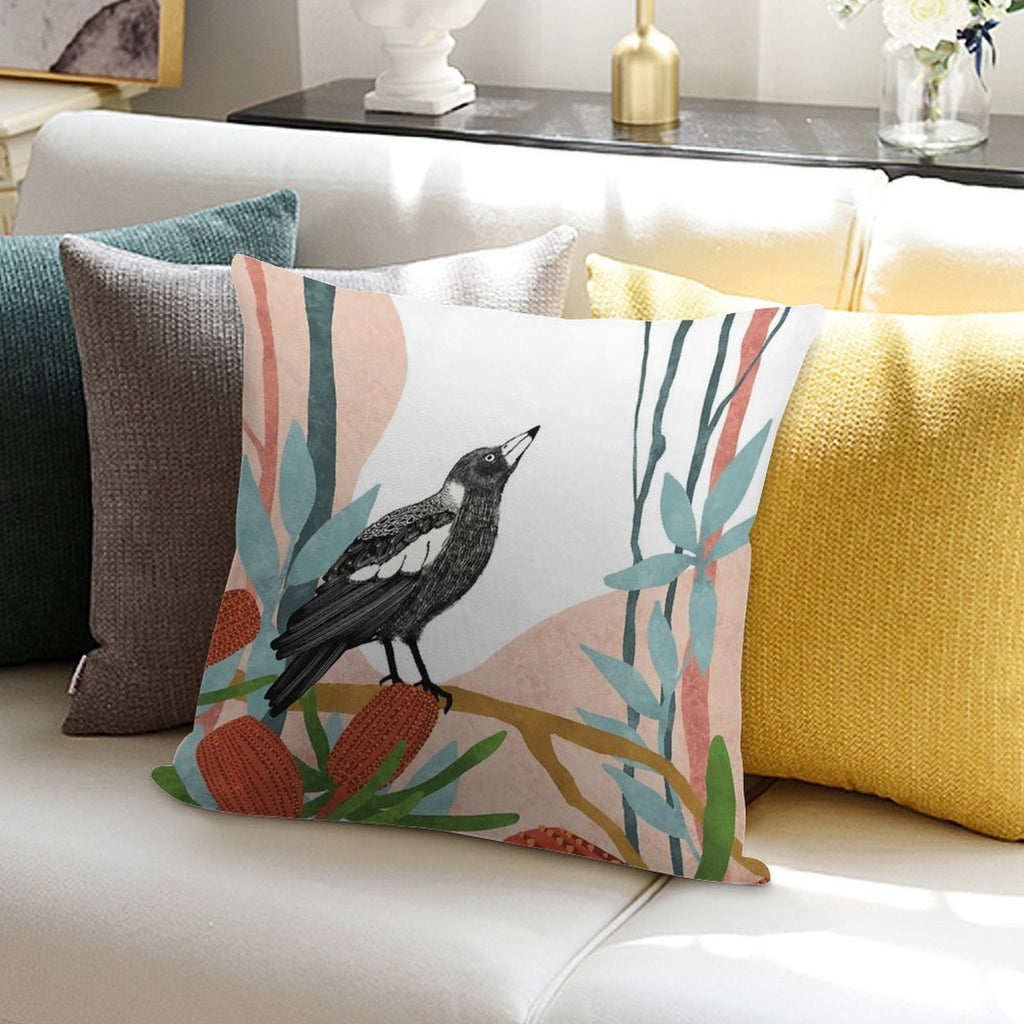 Australian Magpie Amongst Banksia Flowers Soft Durable Construction Throw Pillow