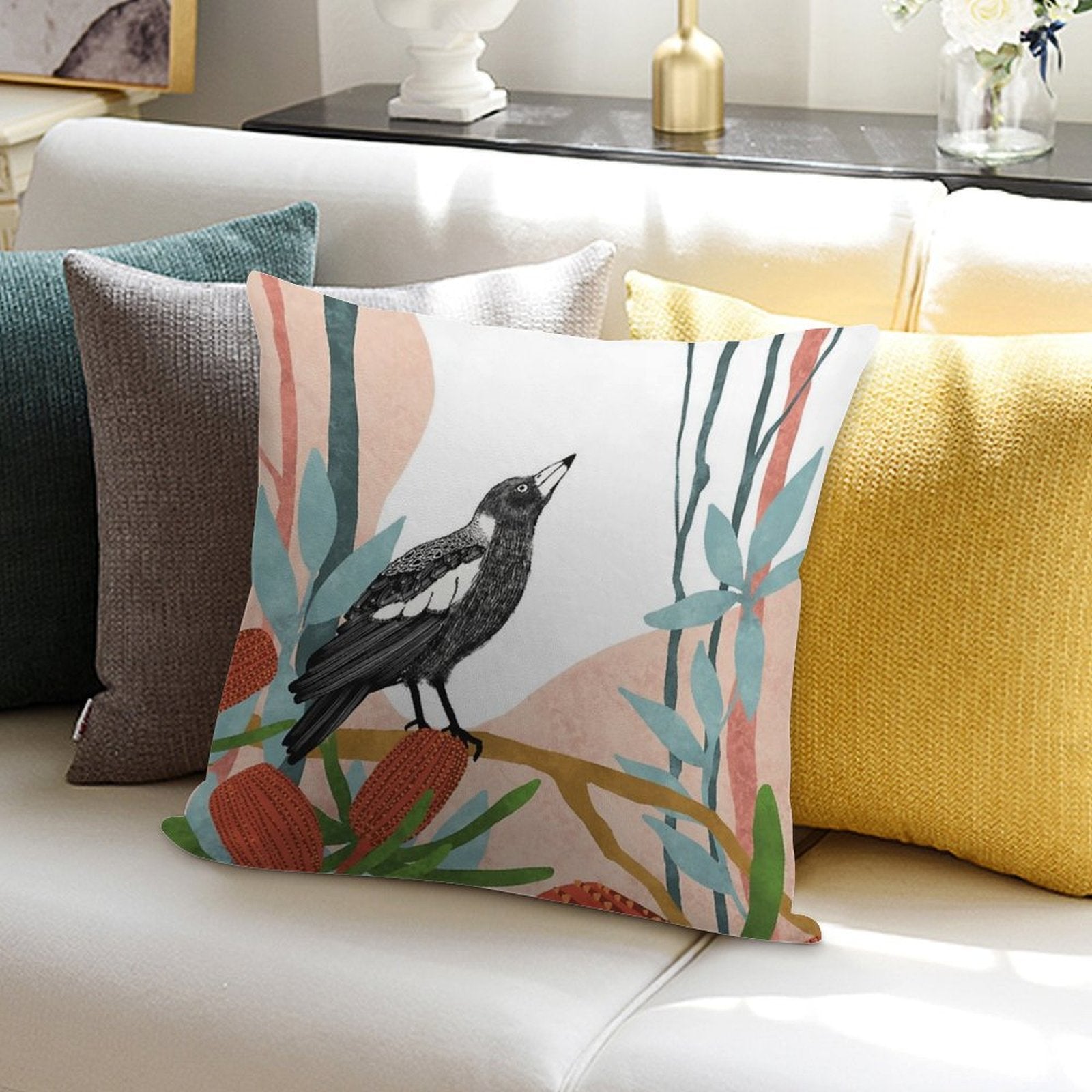Australian Magpie Amongst Banksia Flowers Soft Durable Construction Throw Pillow