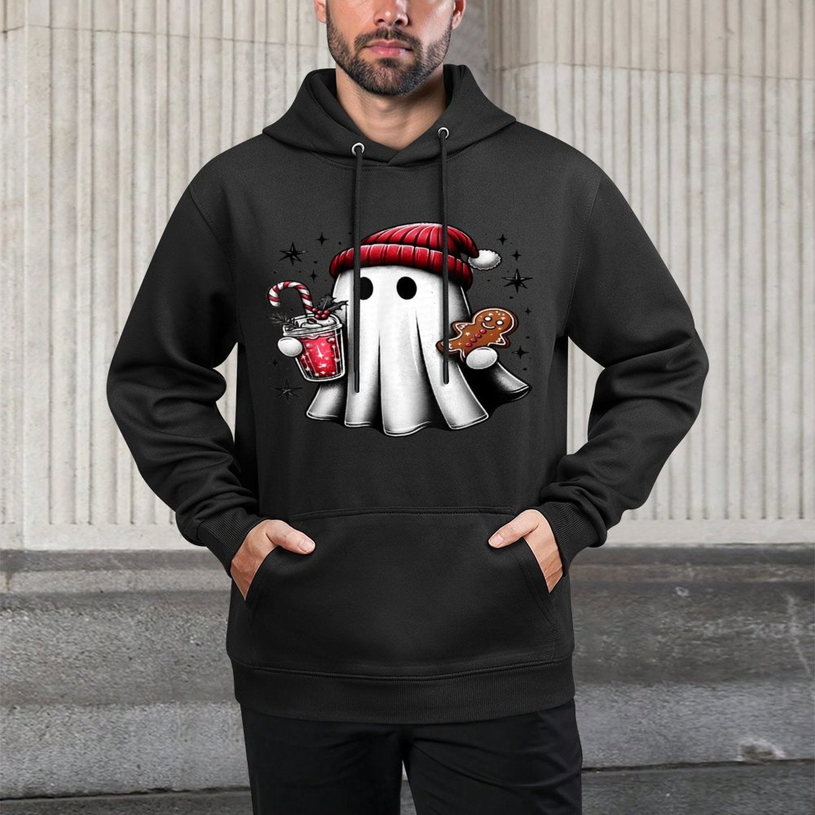 Cute Santa Ghost Drinking Coffee Ice Coffee Christmas Pajama Relaxed Fit Hoodie