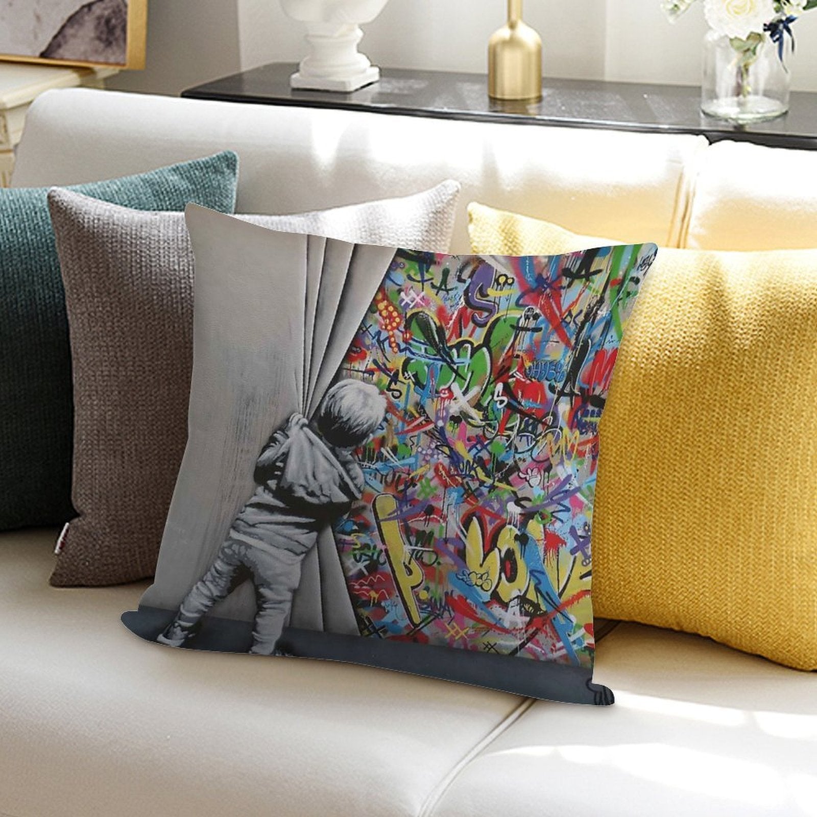 Behind The Curtain Banksy Soft Washable Throw Pillow