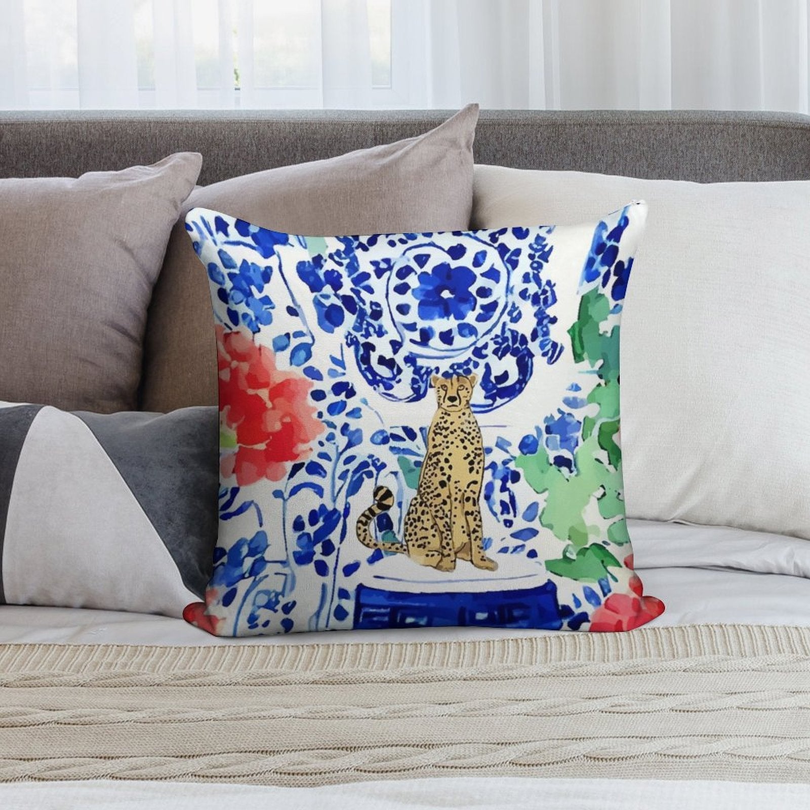 Cheetah And Chinoiserie Jars in Blue And Red Soft Bedroom Essential Throw Pillow