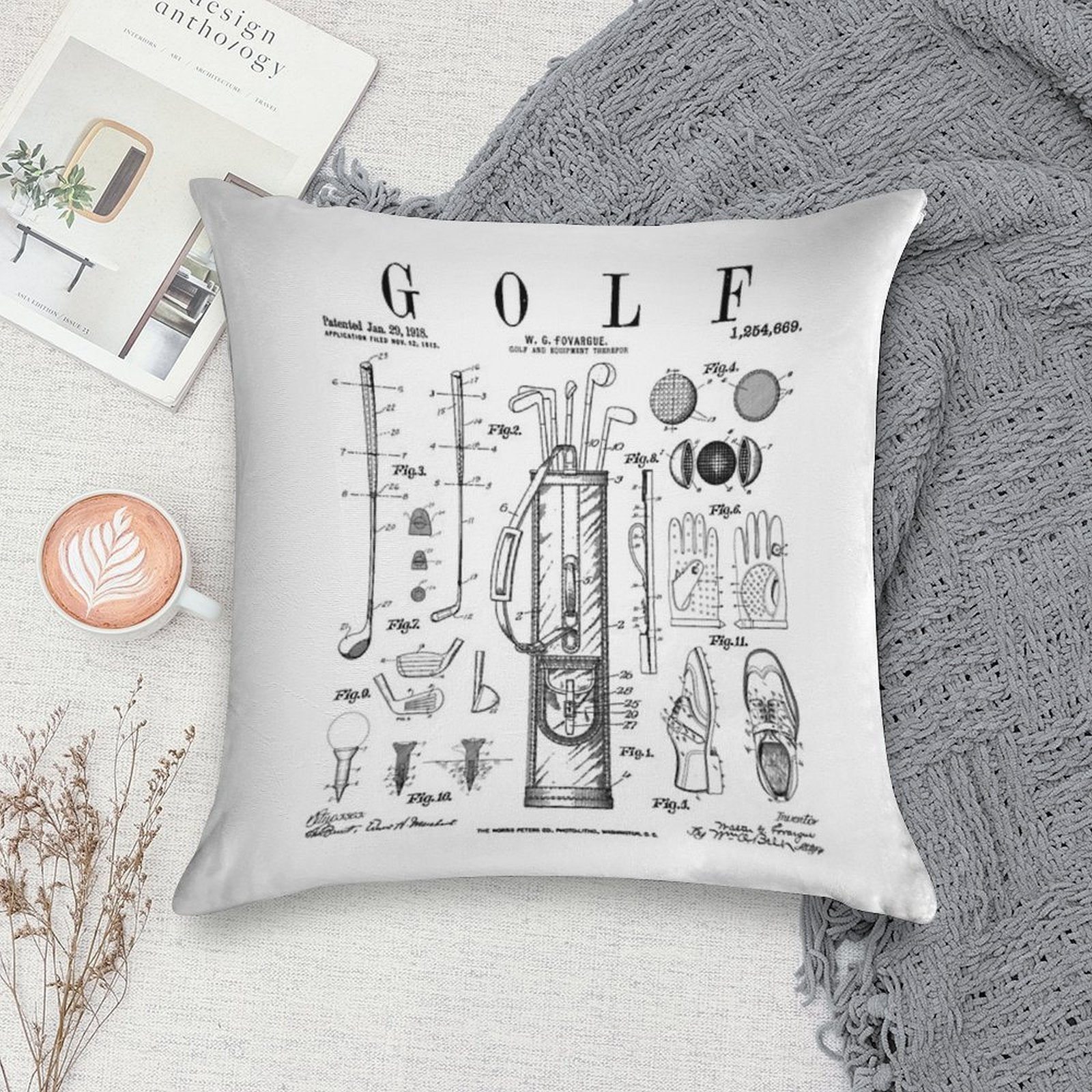 Golf Club Golfer Old Vintage Patent Drawing Print Soft Reinforced Edging Throw Pillow