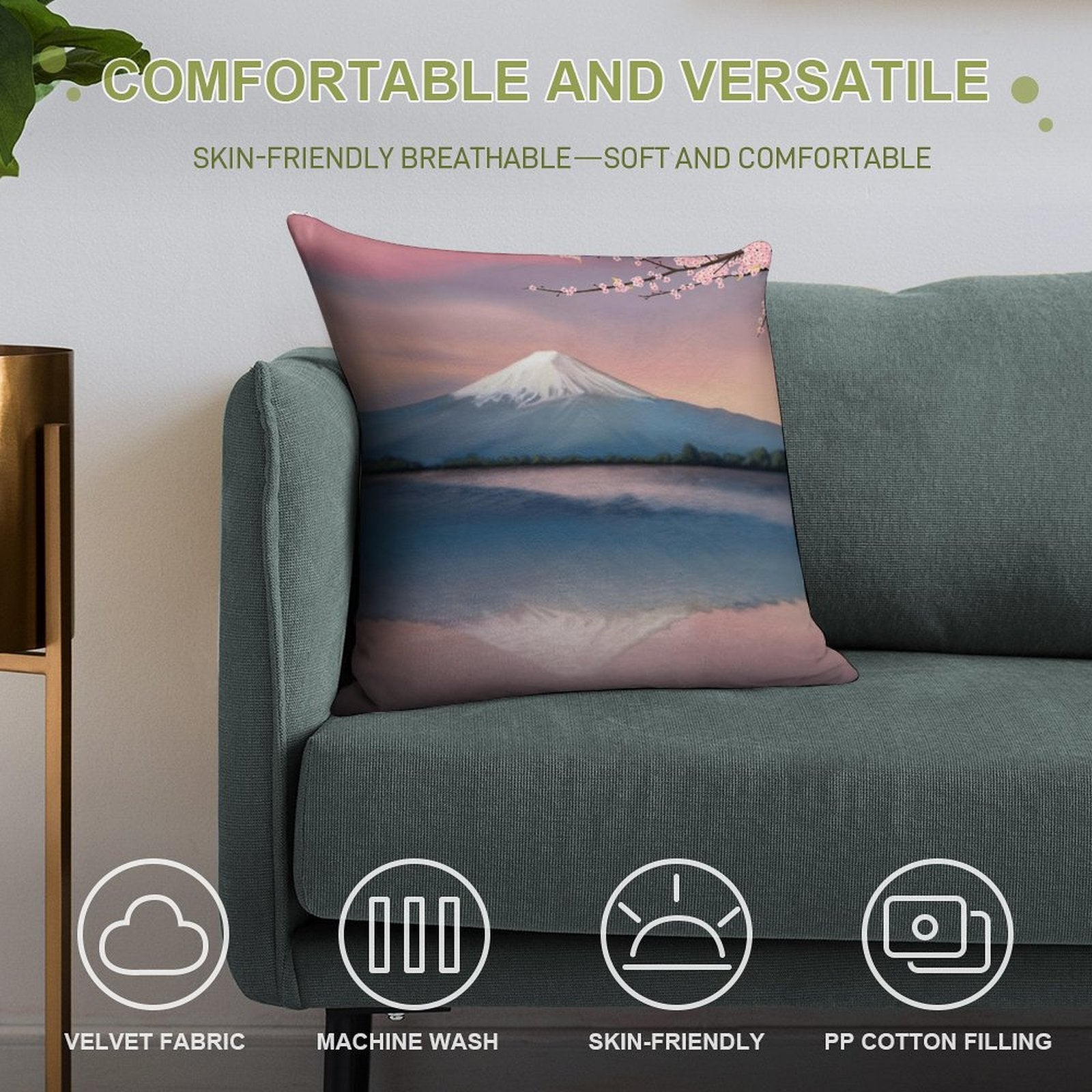 Mt Fuji with Cherry Blossoms Soft Decorative Cover Throw Pillow