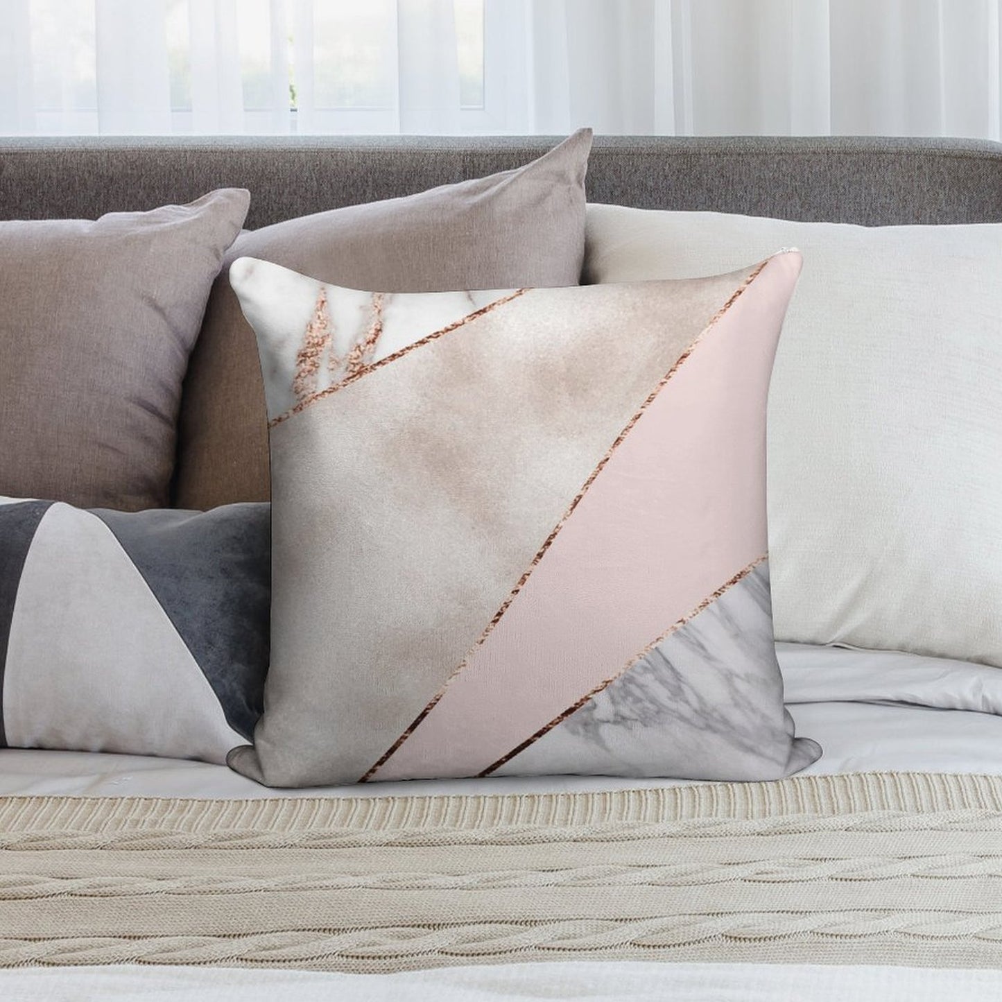 Spliced Mixed Rose Gold Marble Soft Bedroom Essential Throw Pillow