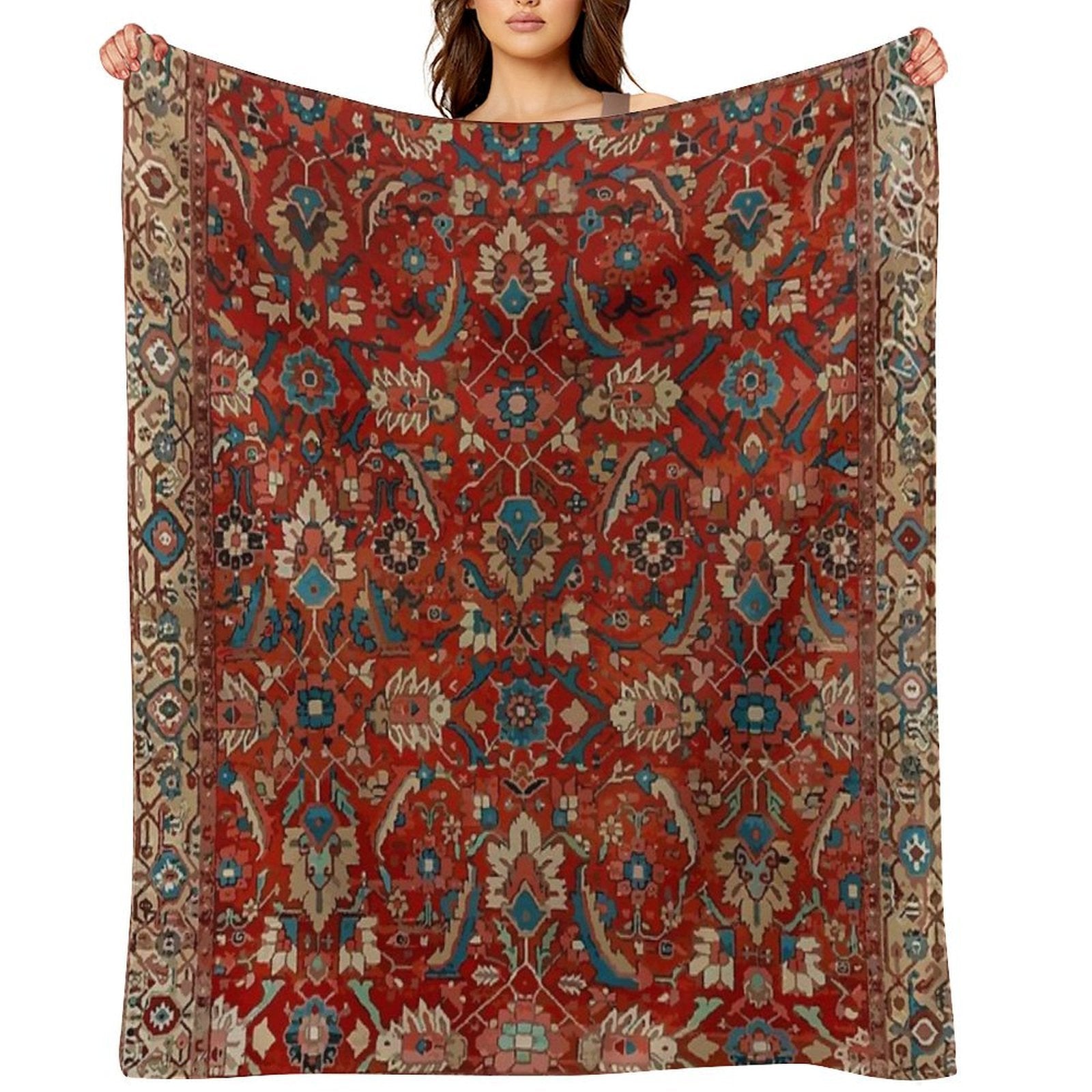 Vintage Persian Rug Pattern in Red And Blue Sustainable Throw Blanket