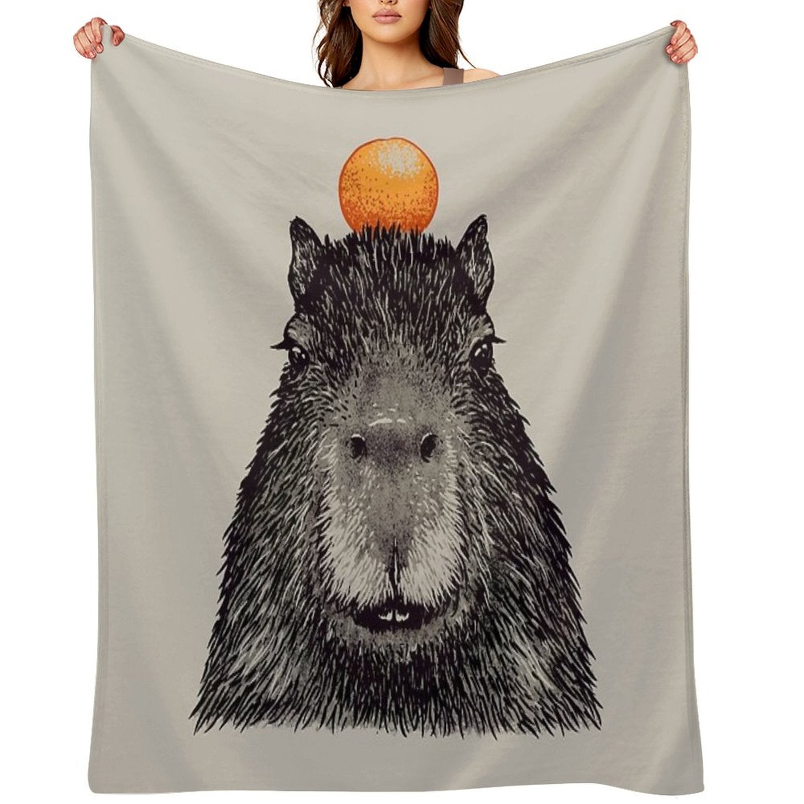 Capybara  Orange  Capy Yuzu  Capybara with Orange on Head  His Name - Gort  Portrait Durable Throw Blanket