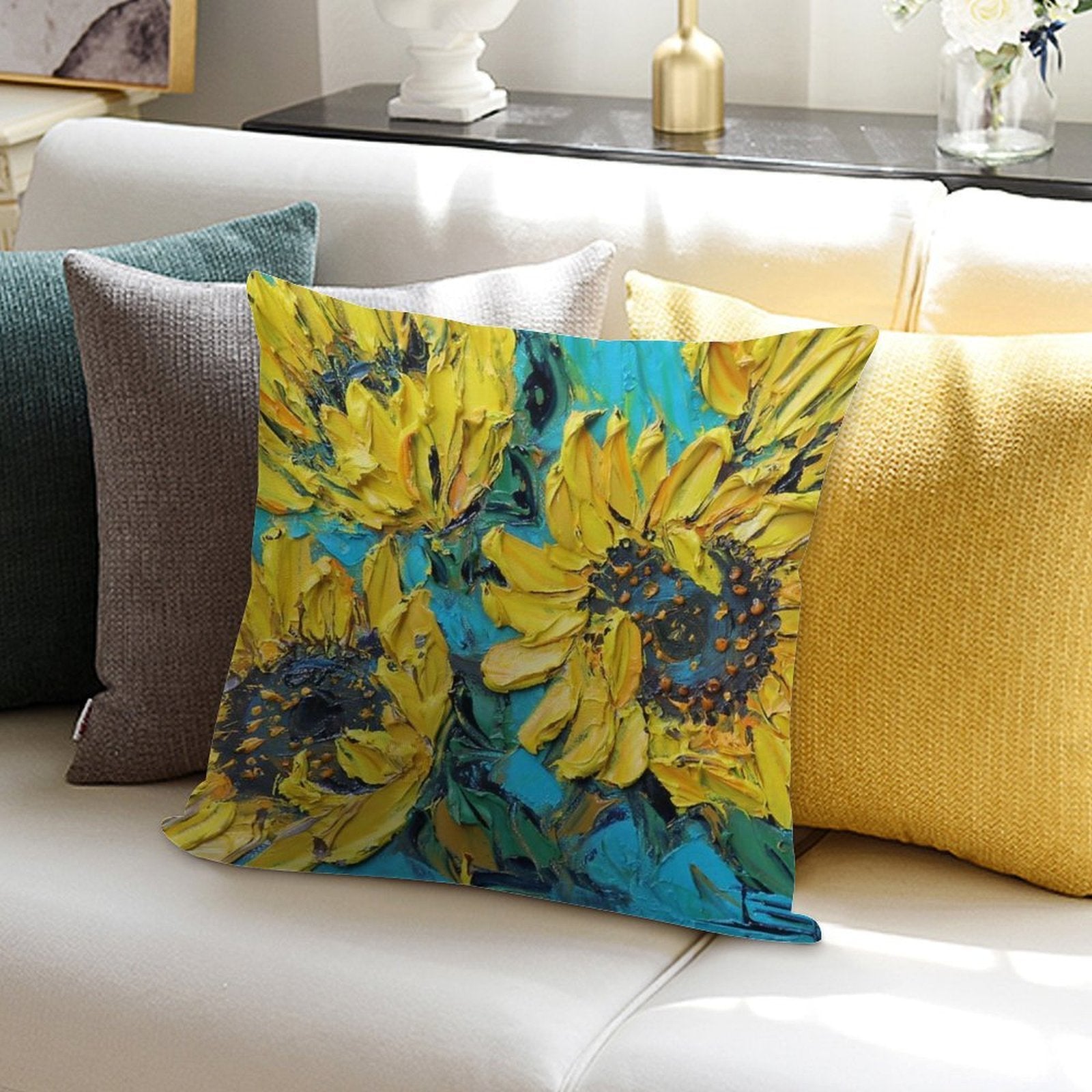 Van Gogh Inspired Sunflowers with Yellow And Turquoise Soft High-Density Material Throw Pillow