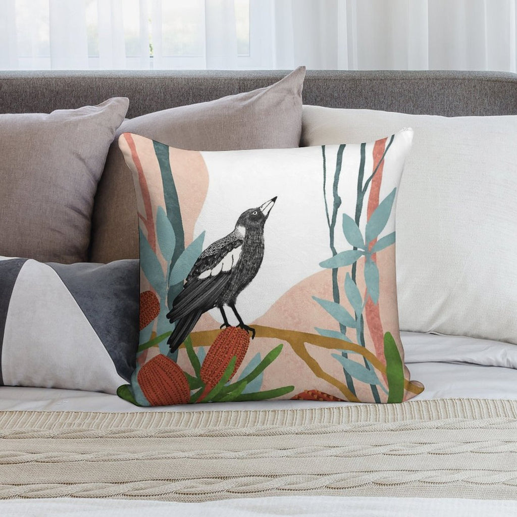 Australian Magpie Amongst Banksia Flowers Soft Durable Construction Throw Pillow