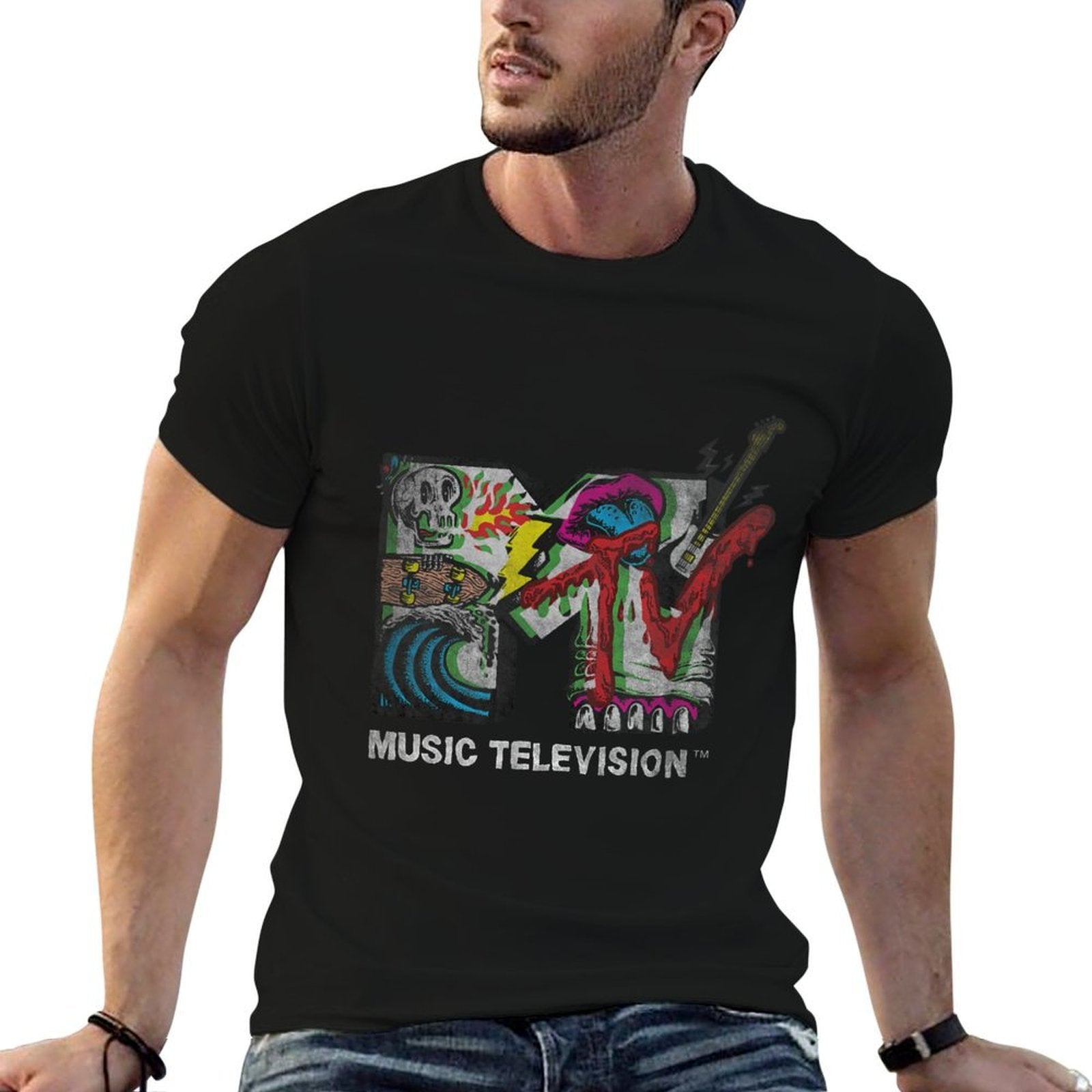 MTV Music Television Retro Glitch 80s Skater Punk Patches  Eco-friendly Material T-Shirt