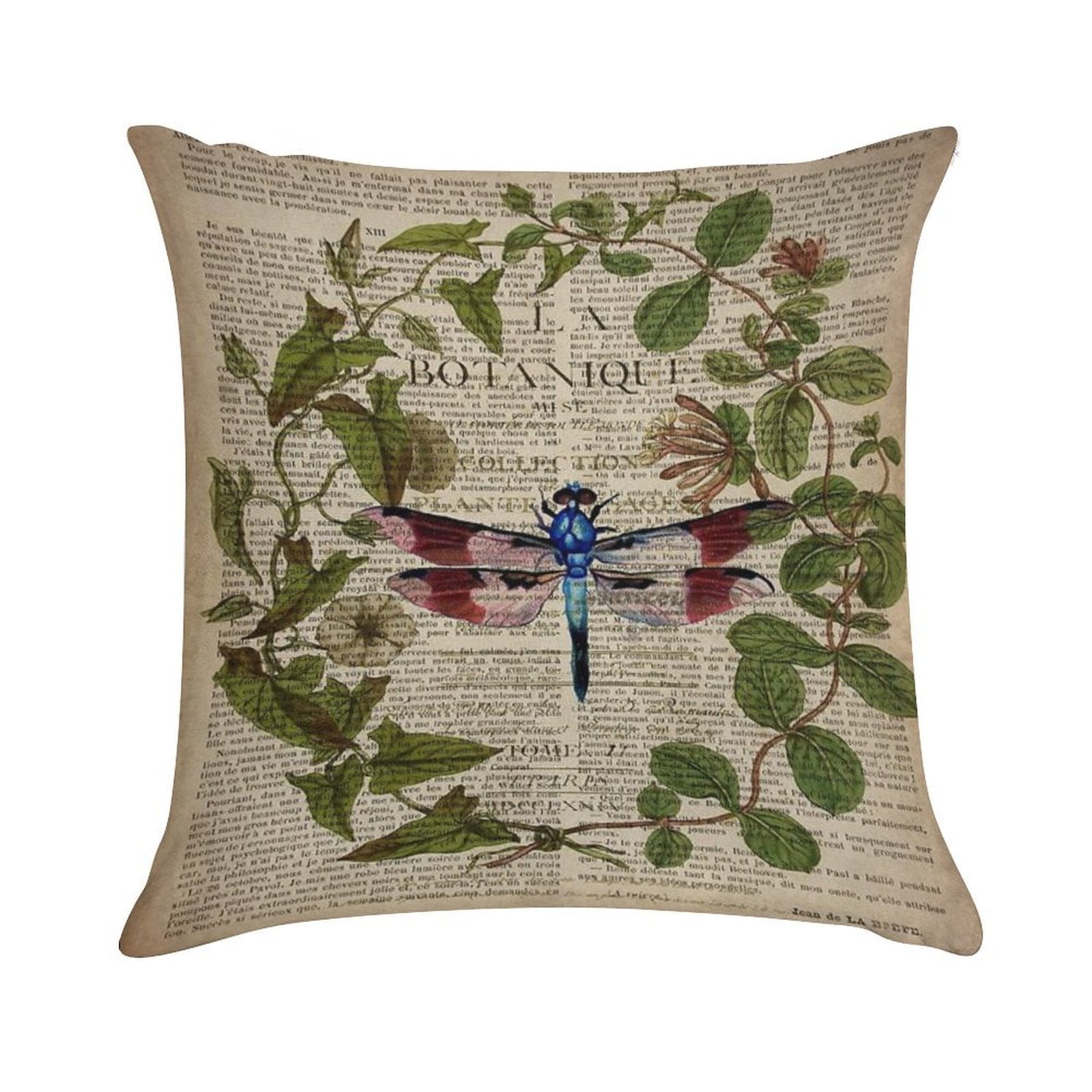 1980s Dark Academia Leaves Botanical Art Vintage French Dragonfly Soft Decorative Cover Throw Pillow