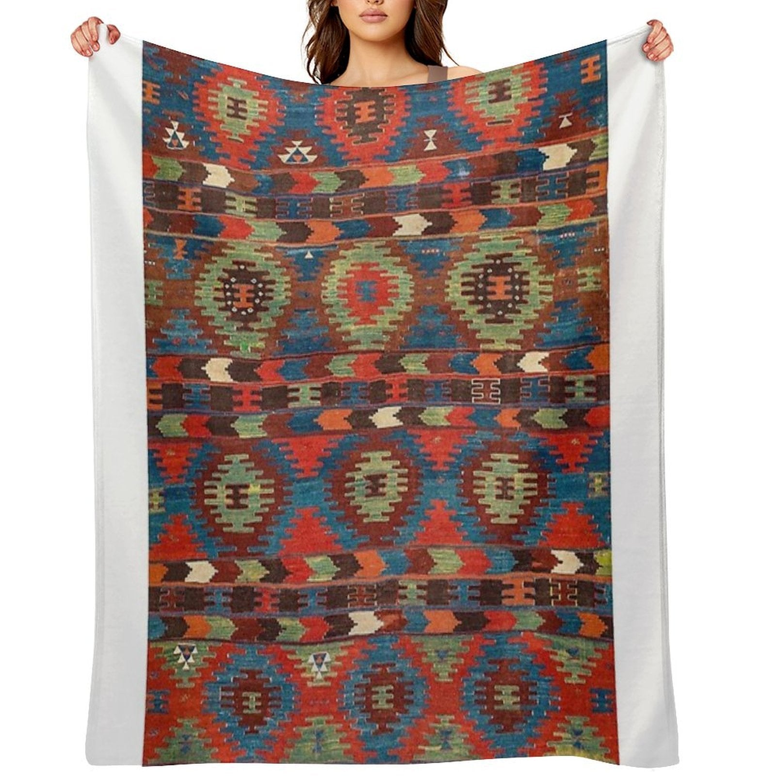 Tuscan Shapes III  19th Century Southwestern Colorful Red Blue Orange Green Brown Ornate Rug Pattern Comfort Throw Blanket