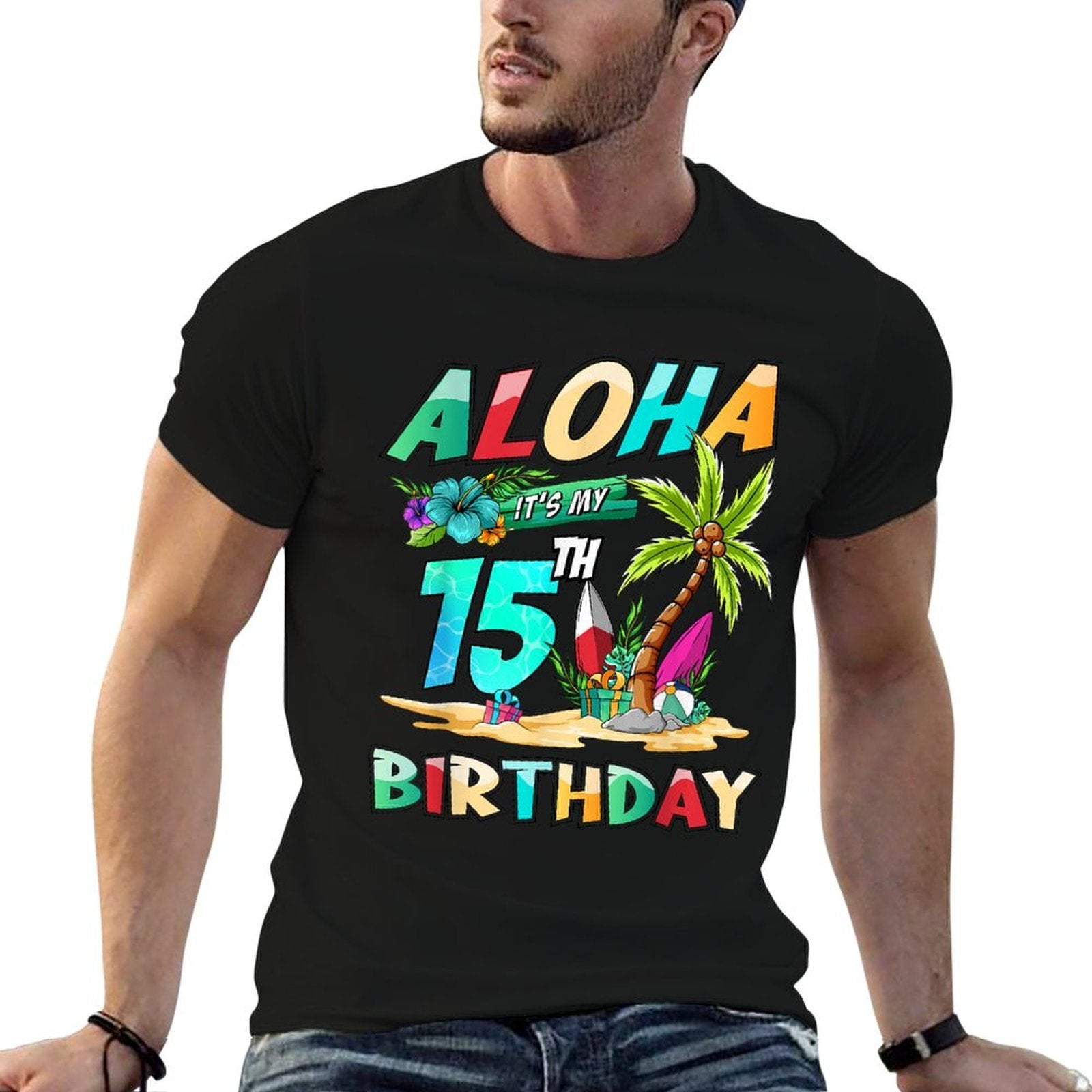 Aloha 15th Birthday Hawaiian Beach Tropical Theme Bday  Rolled Sleeves T-Shirt