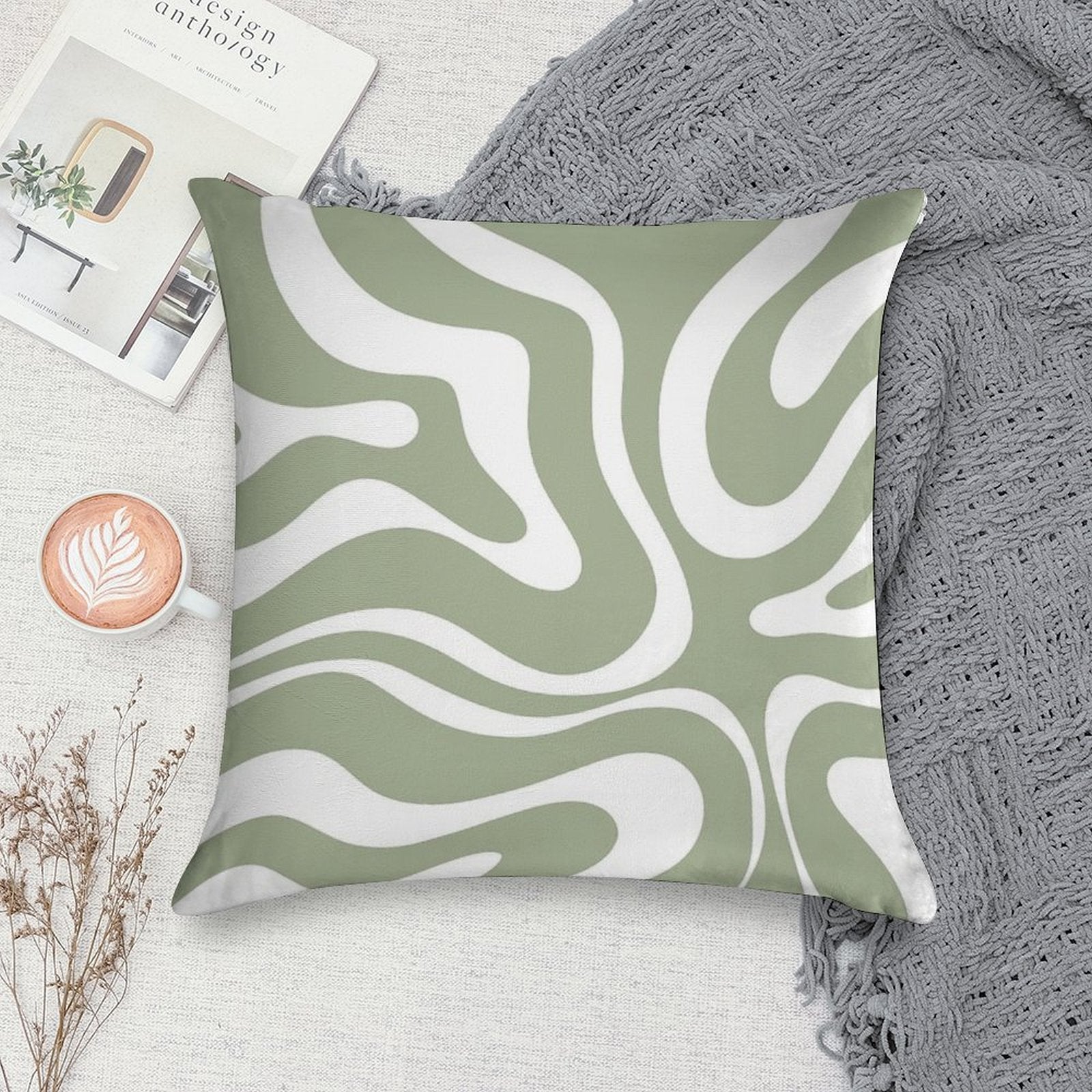 Liquid Swirl Abstract Pattern in Sage Green And White Soft Home Decor Throw Pillow