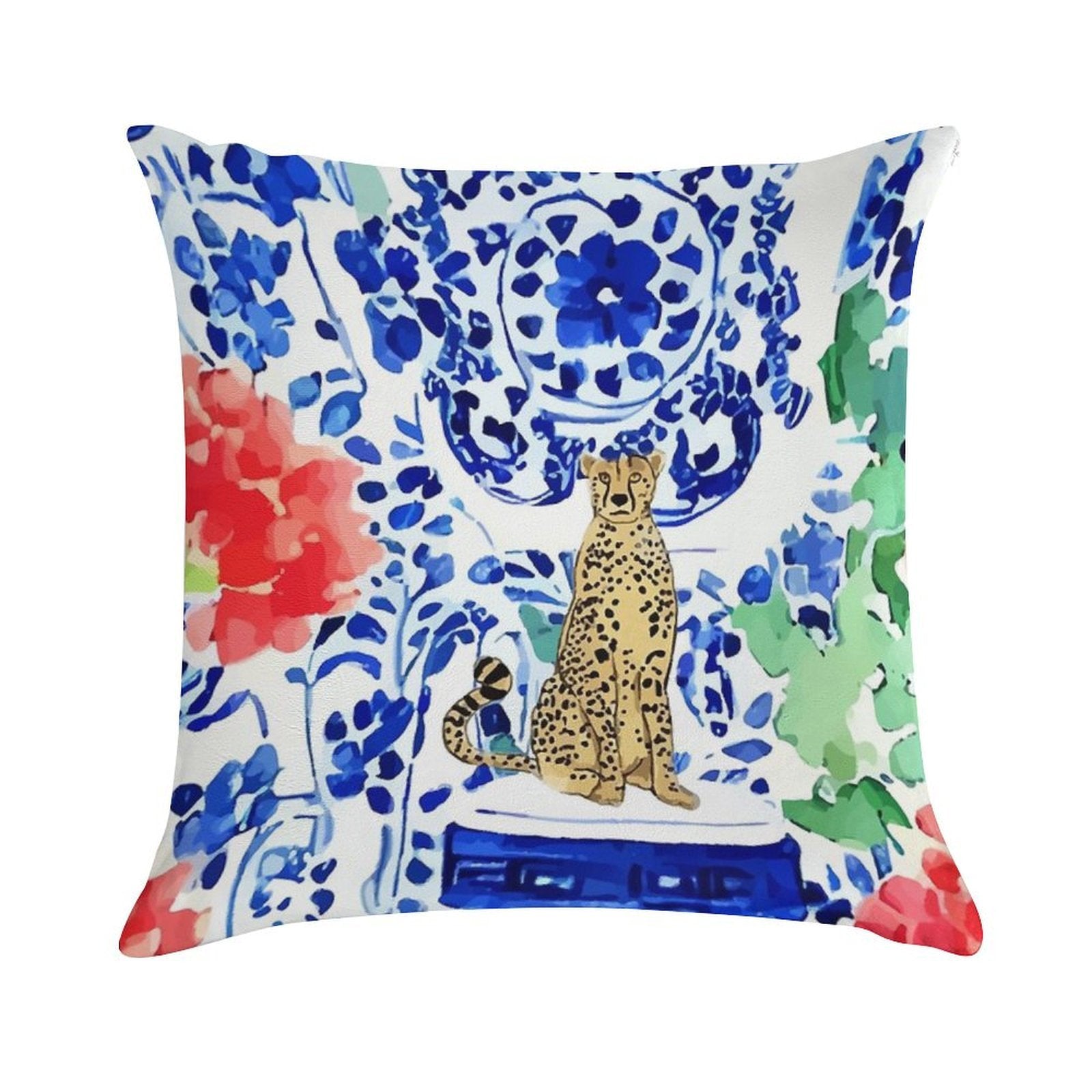 Cheetah And Chinoiserie Jars in Blue And Red Soft Bedroom Essential Throw Pillow