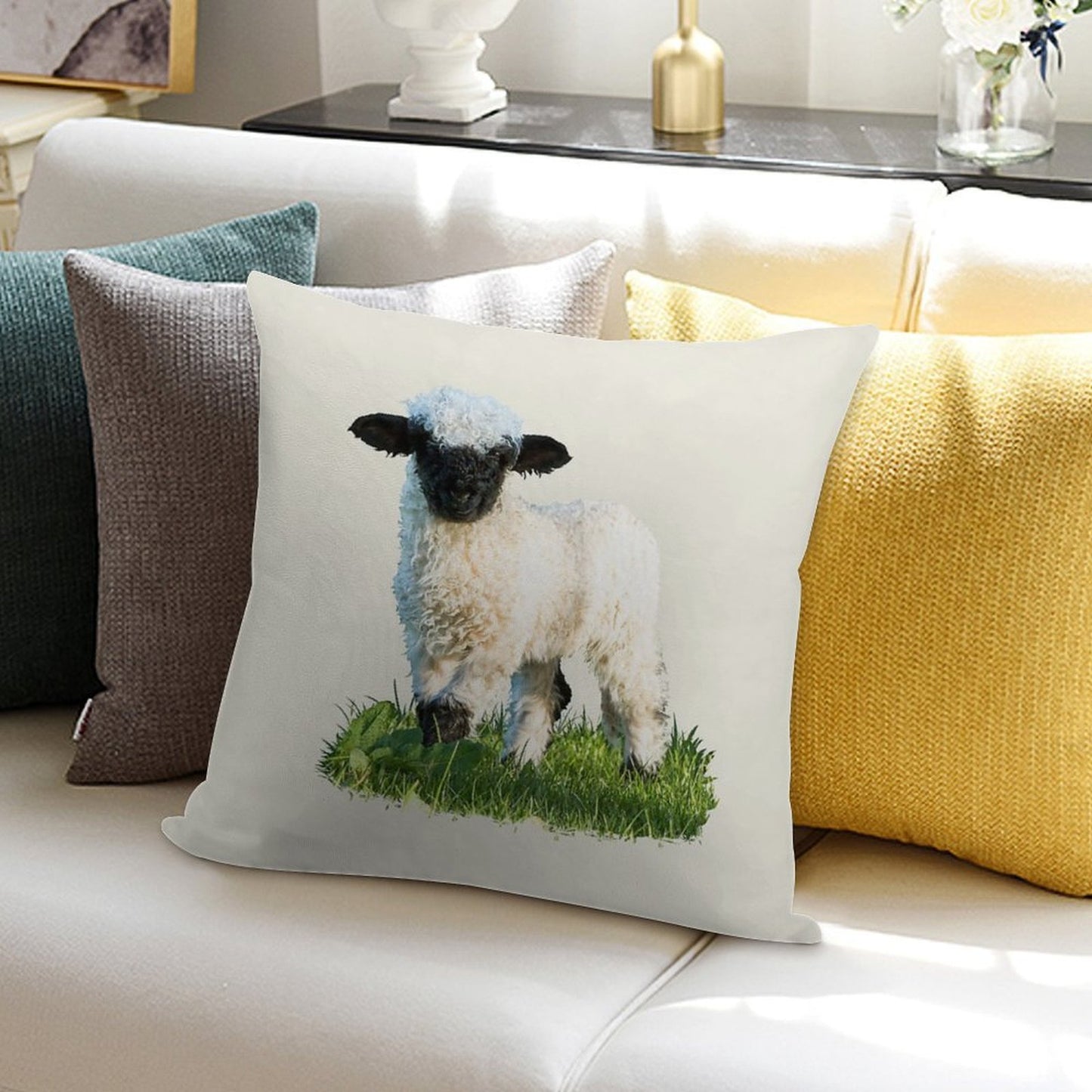 Valais Blacknose Lamb in A Meadow Placement Print Soft Reinforced Edging Throw Pillow
