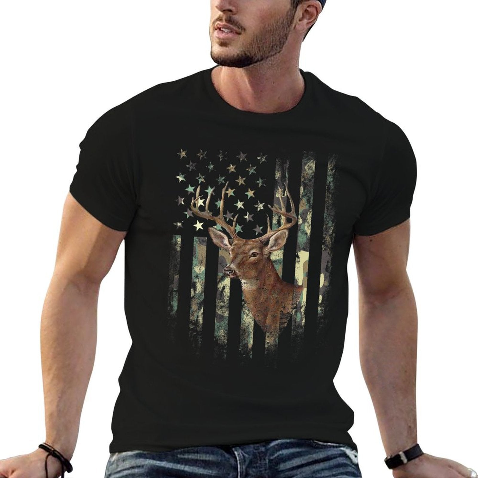 (Art on Back) American Deer Hunting Camo Women Kids Men  Durable T-Shirt