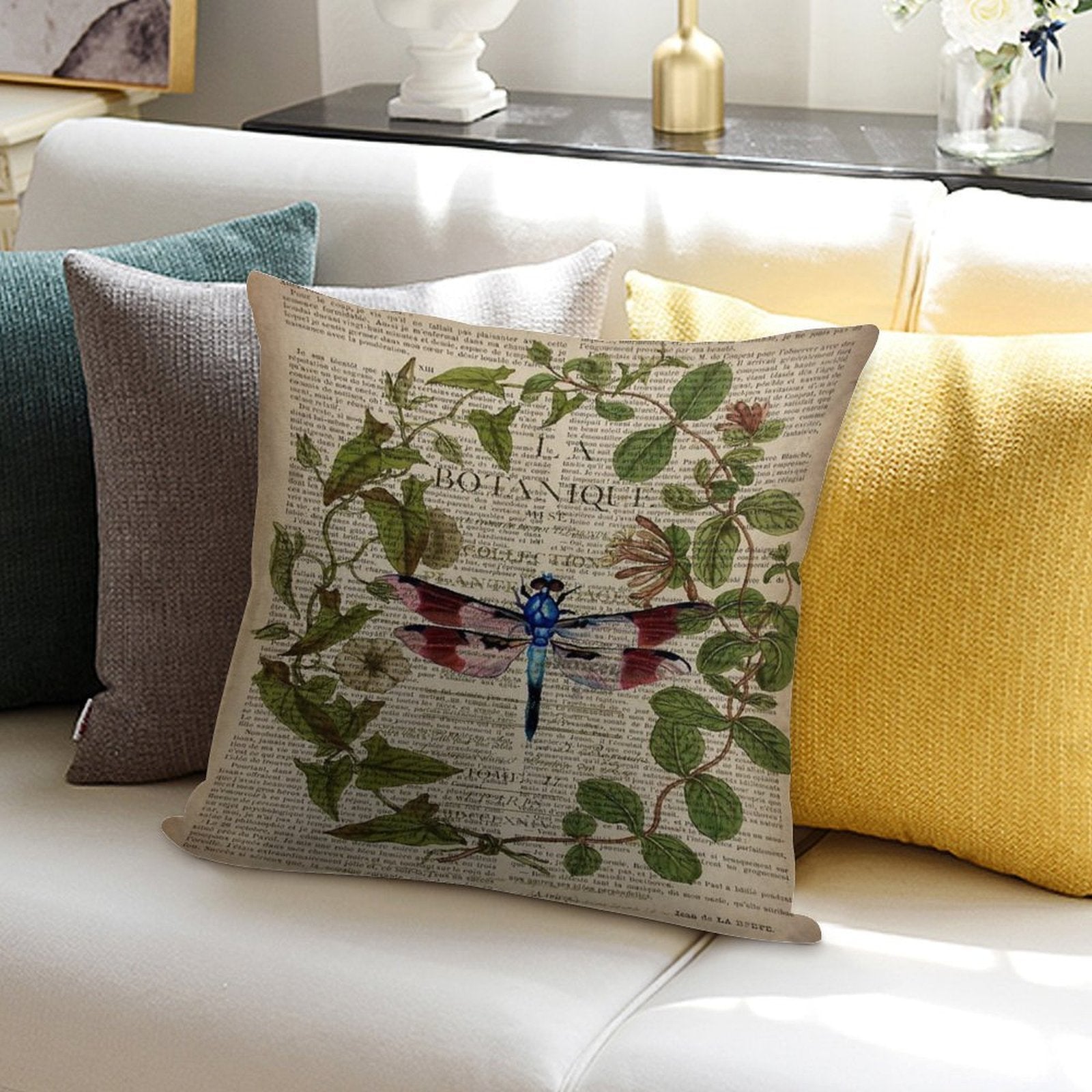 1980s Dark Academia Leaves Botanical Art Vintage French Dragonfly Soft Decorative Cover Throw Pillow