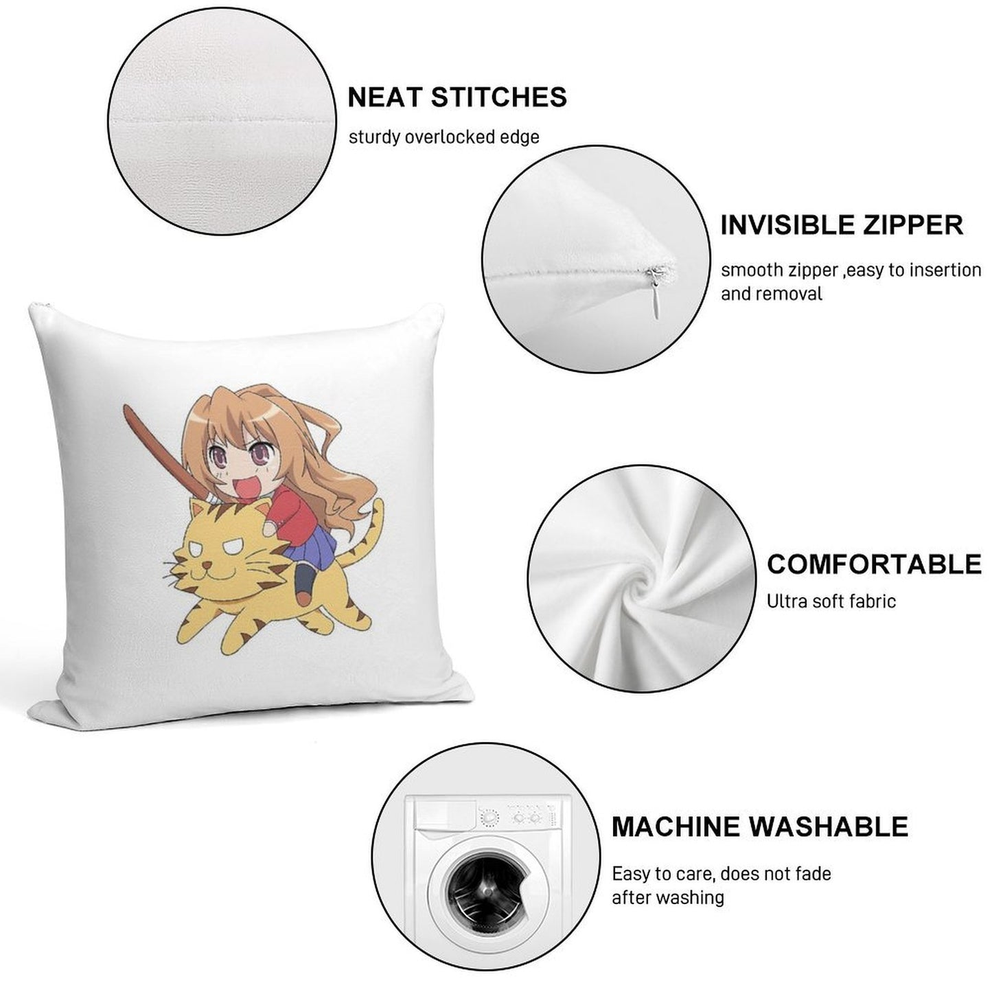 Toradora Taiga Tiger Soft Washable Throw Pillow