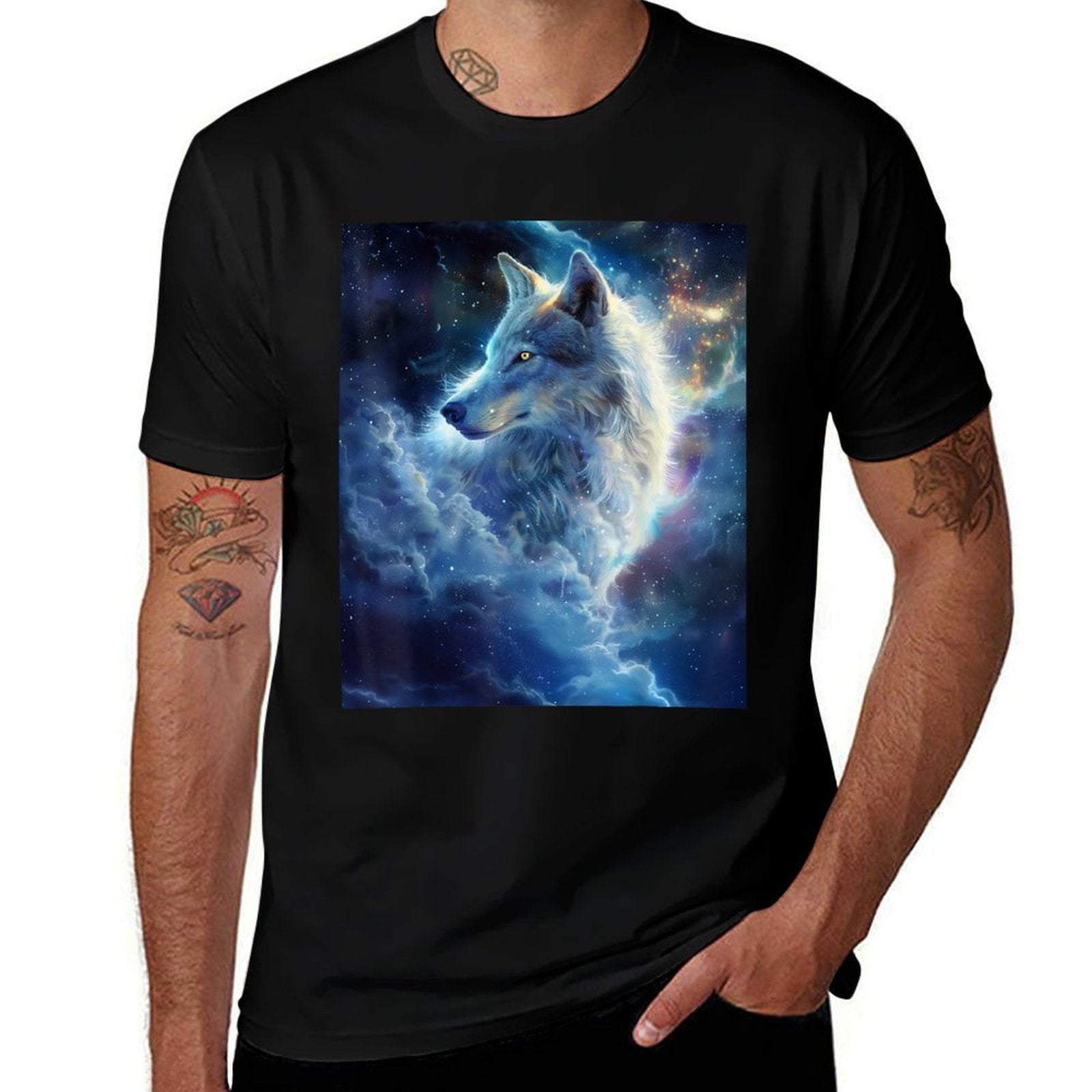 Alpha Galaxy Wolf Dark Fantasy Space Graphic Wolf Lovers  Summer-ready Fabric T-Shirt