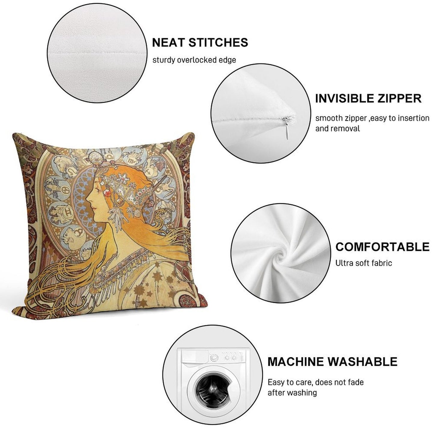 Alphonse Mucha Zodiac Art Nouveau Woman Soft Hidden Zipper Throw Pillow