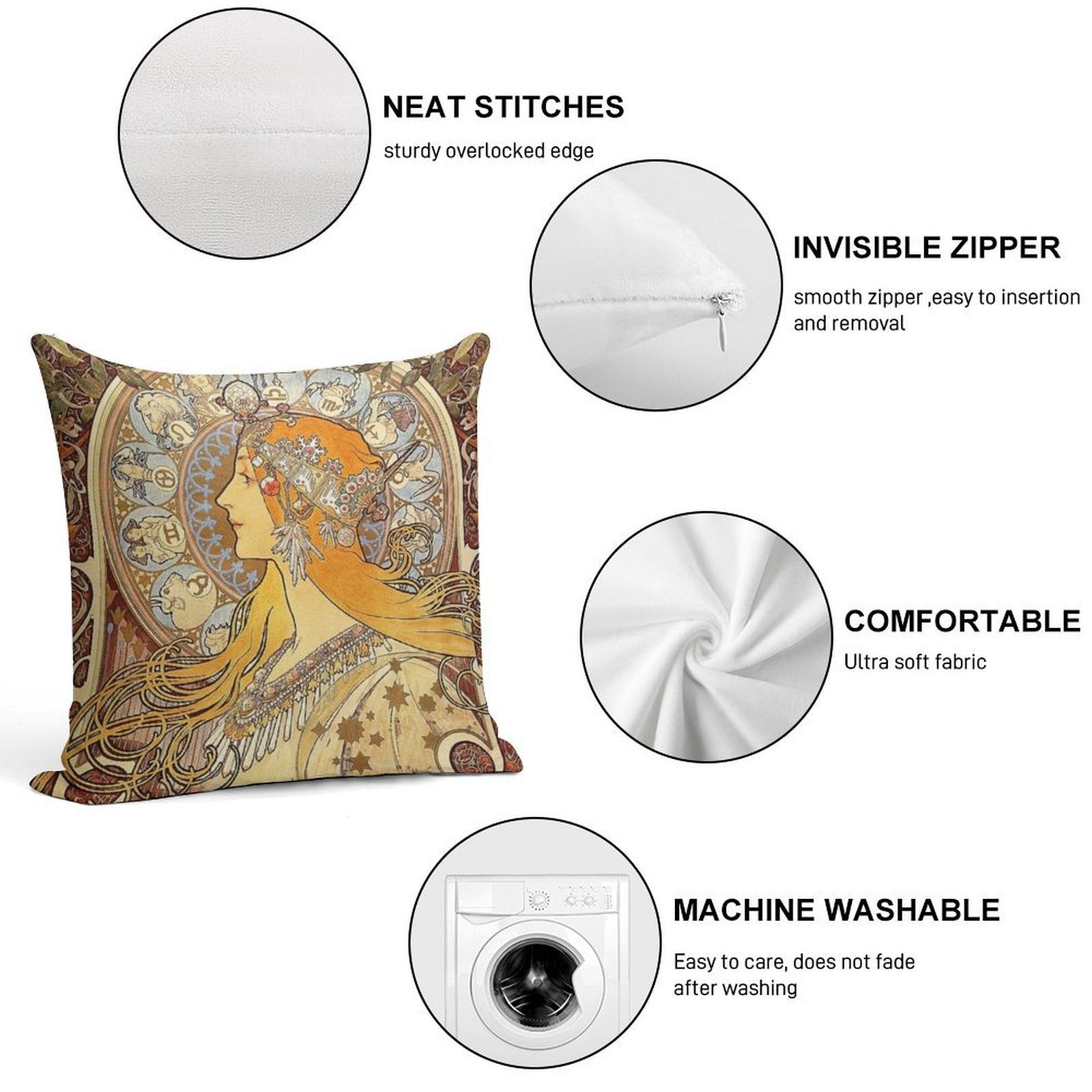 Alphonse Mucha Zodiac Art Nouveau Woman Soft Hidden Zipper Throw Pillow