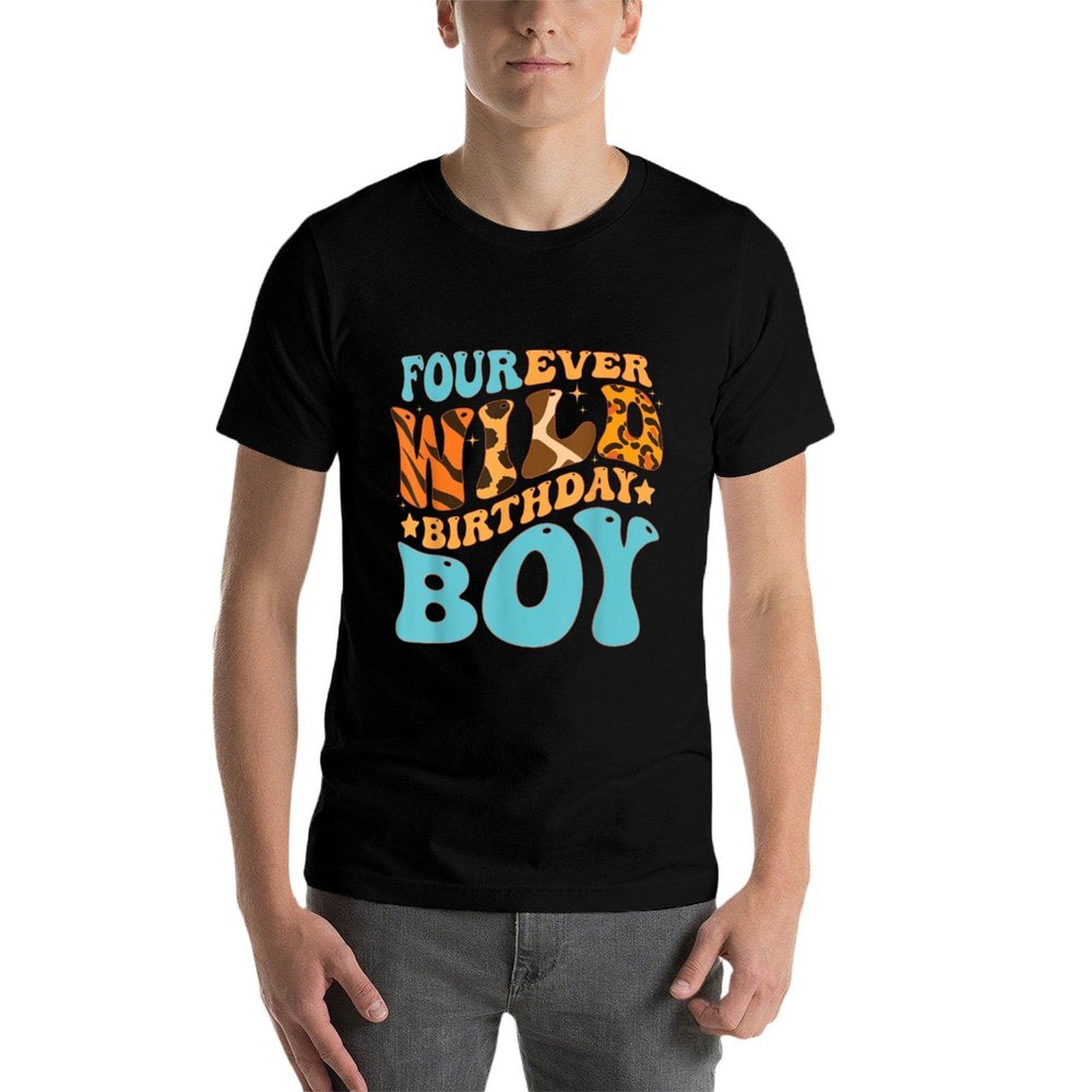 Four Ever Wild Birthday Boy Retro Groovy Safari Zoo Themed  Oversized Silhouette T-Shirt