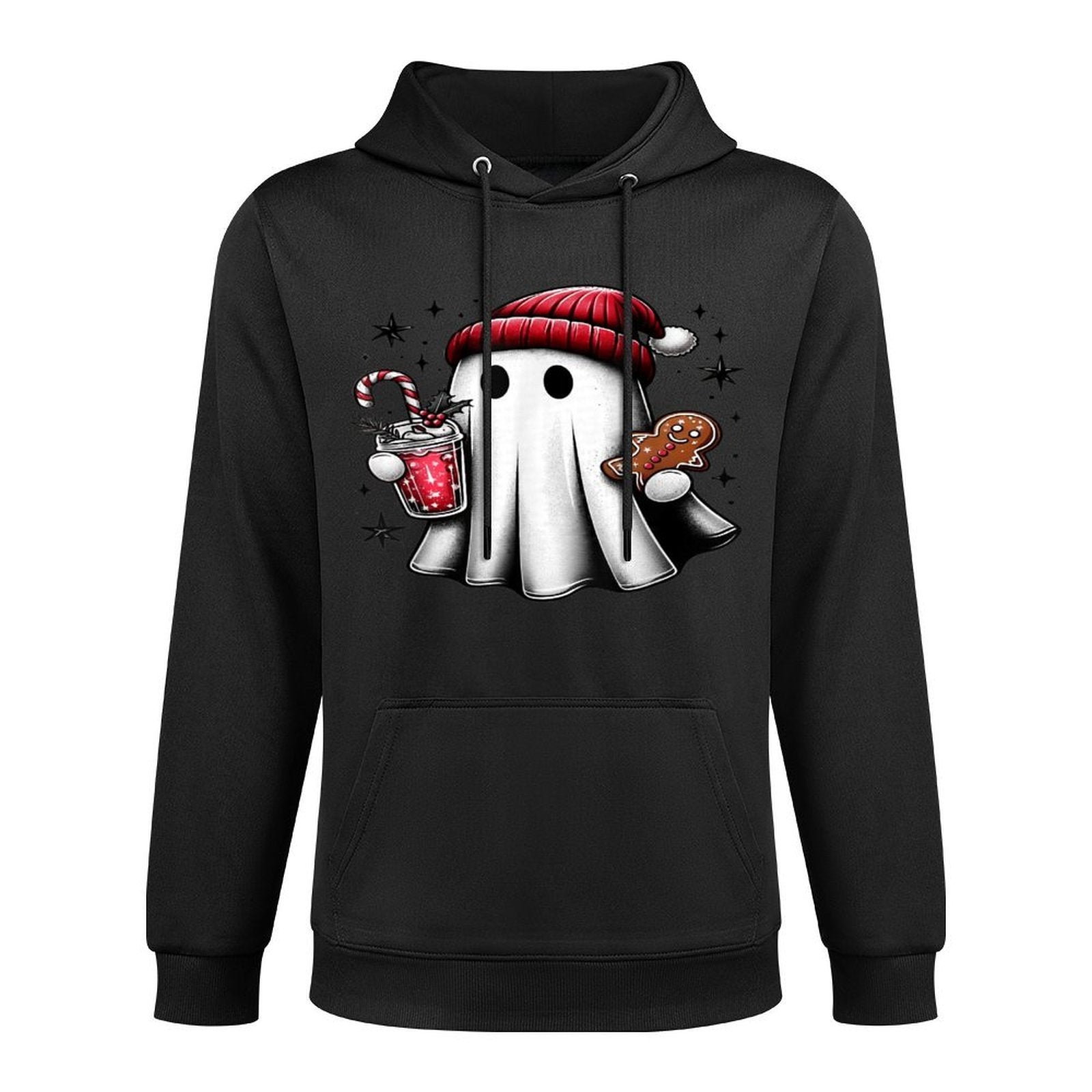 Cute Santa Ghost Drinking Coffee Ice Coffee Christmas Pajama Relaxed Fit Hoodie