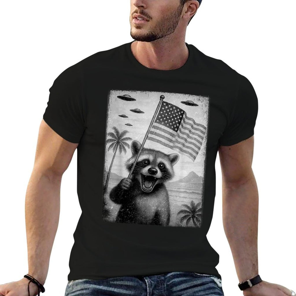 Funny Racoon Selfie with UFOs Meme 4th Of July Men Kid  High-quality Stitching T-Shirt