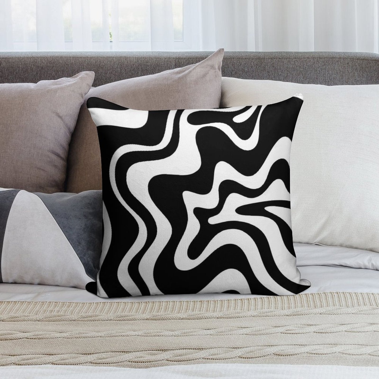 Liquid Swirl Retro Abstract Pattern in Black And White Soft Durable Construction Throw Pillow