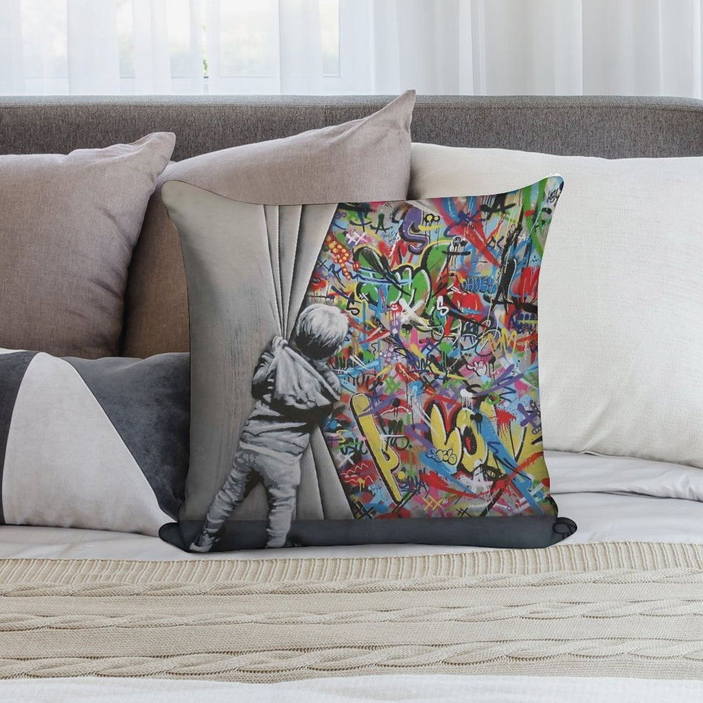 Behind The Curtain Banksy Soft Washable Throw Pillow