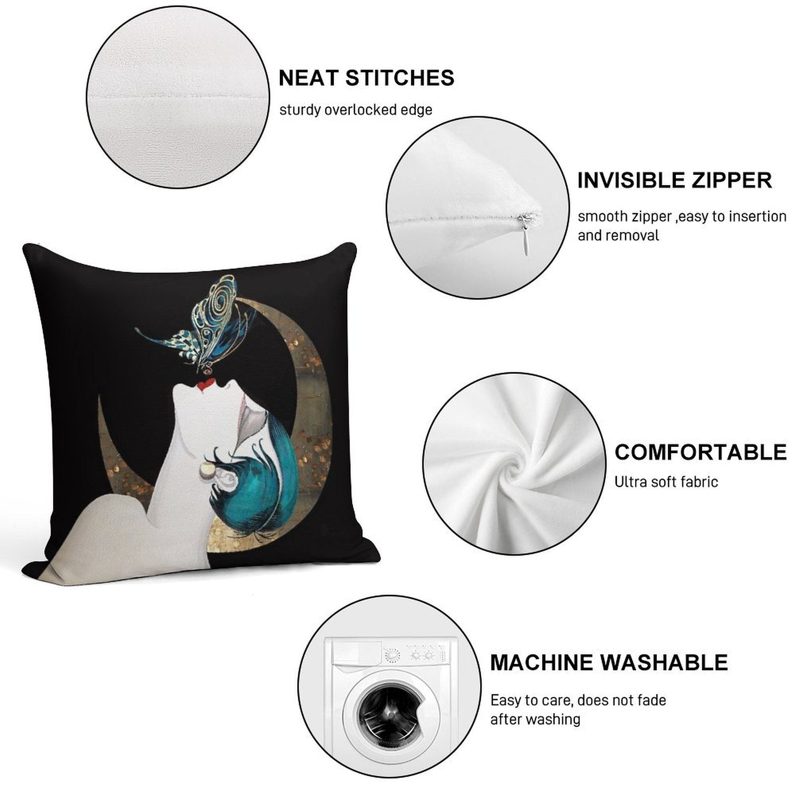 Butterfly Kiss French Art Deco Flapper Woman Remix Soft Shrink-Resistant Throw Pillow